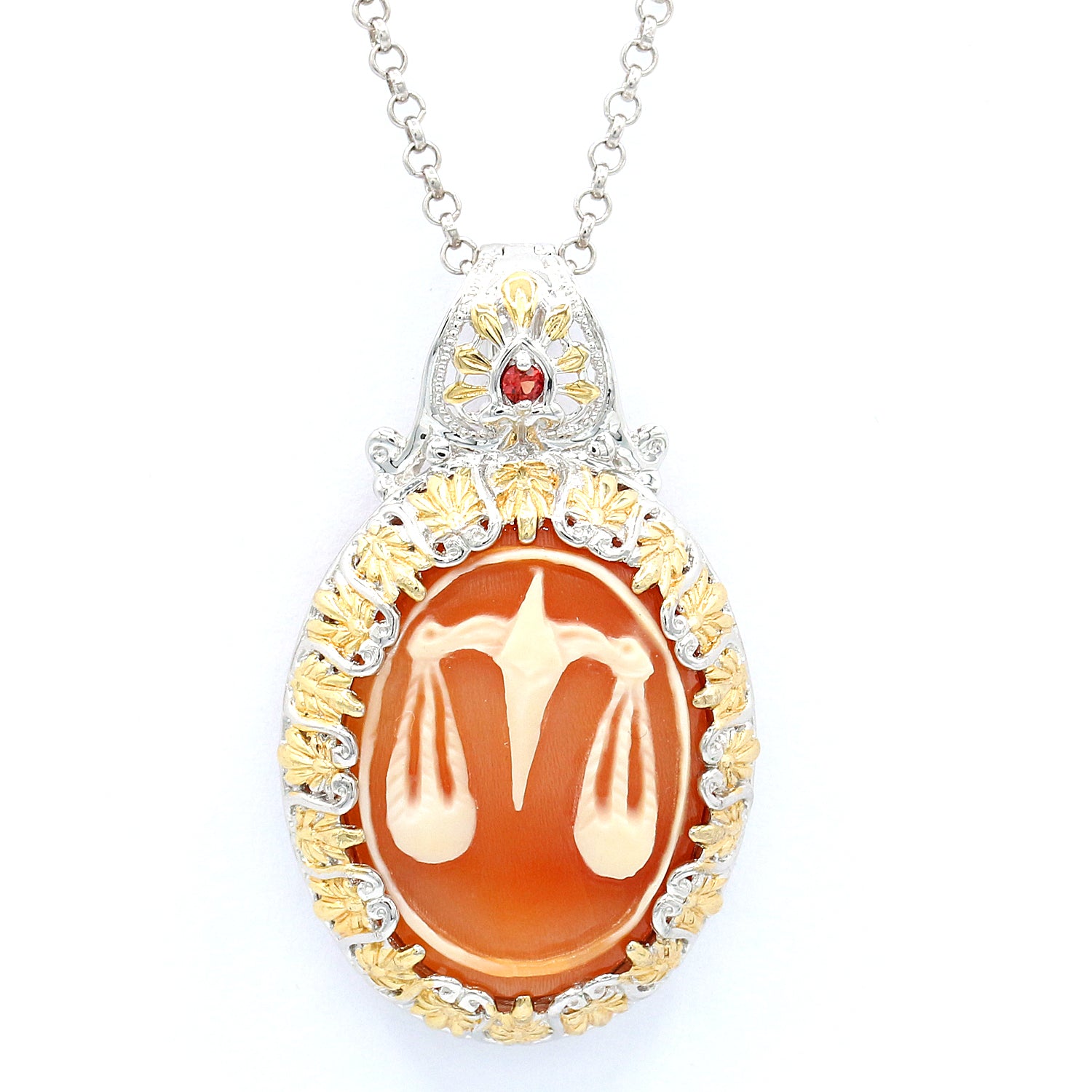 Gems en Vogue Carved Cameo & Orange Sapphire Choice of Zodiac Signs Pendant