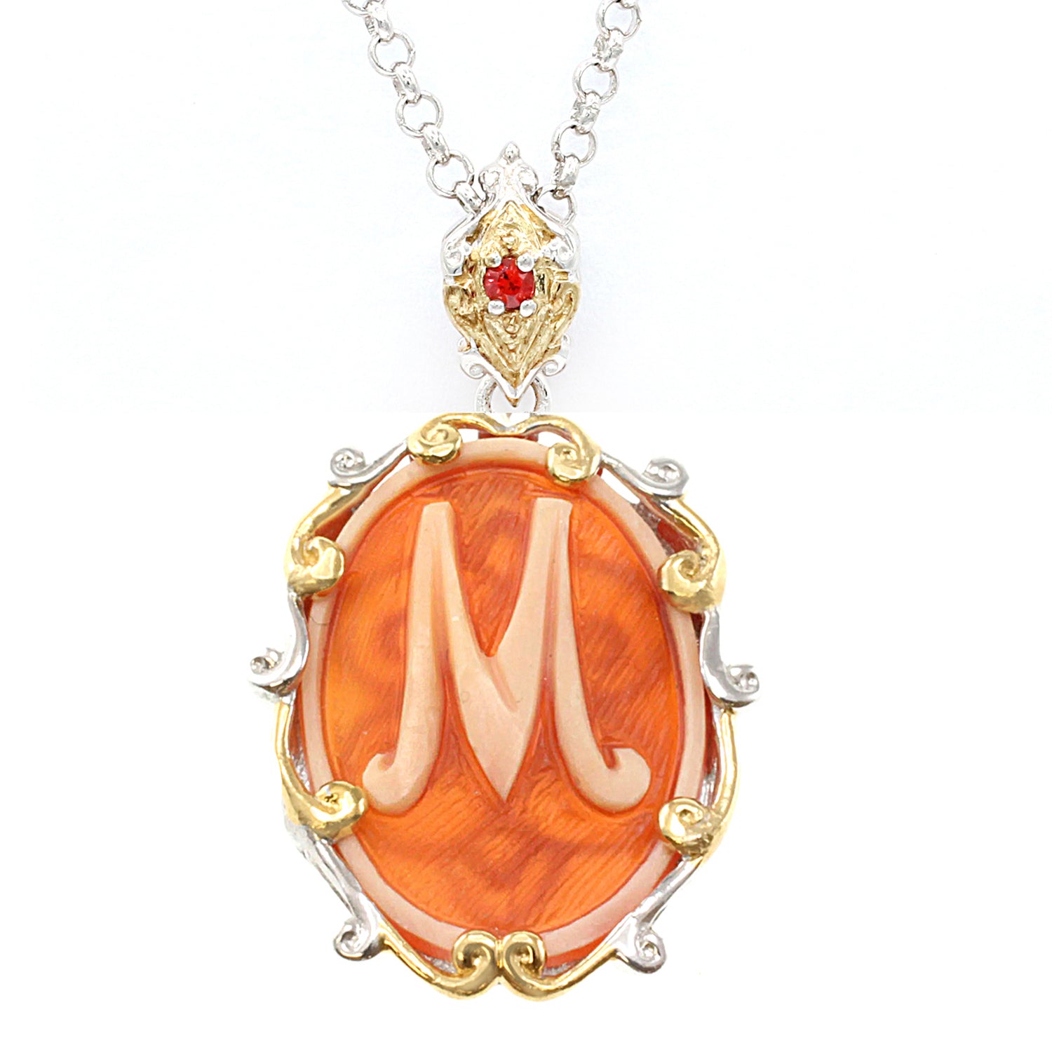 Gems en Vogue Carved Cameo & Orange Sapphire Choice of Initial Pendant