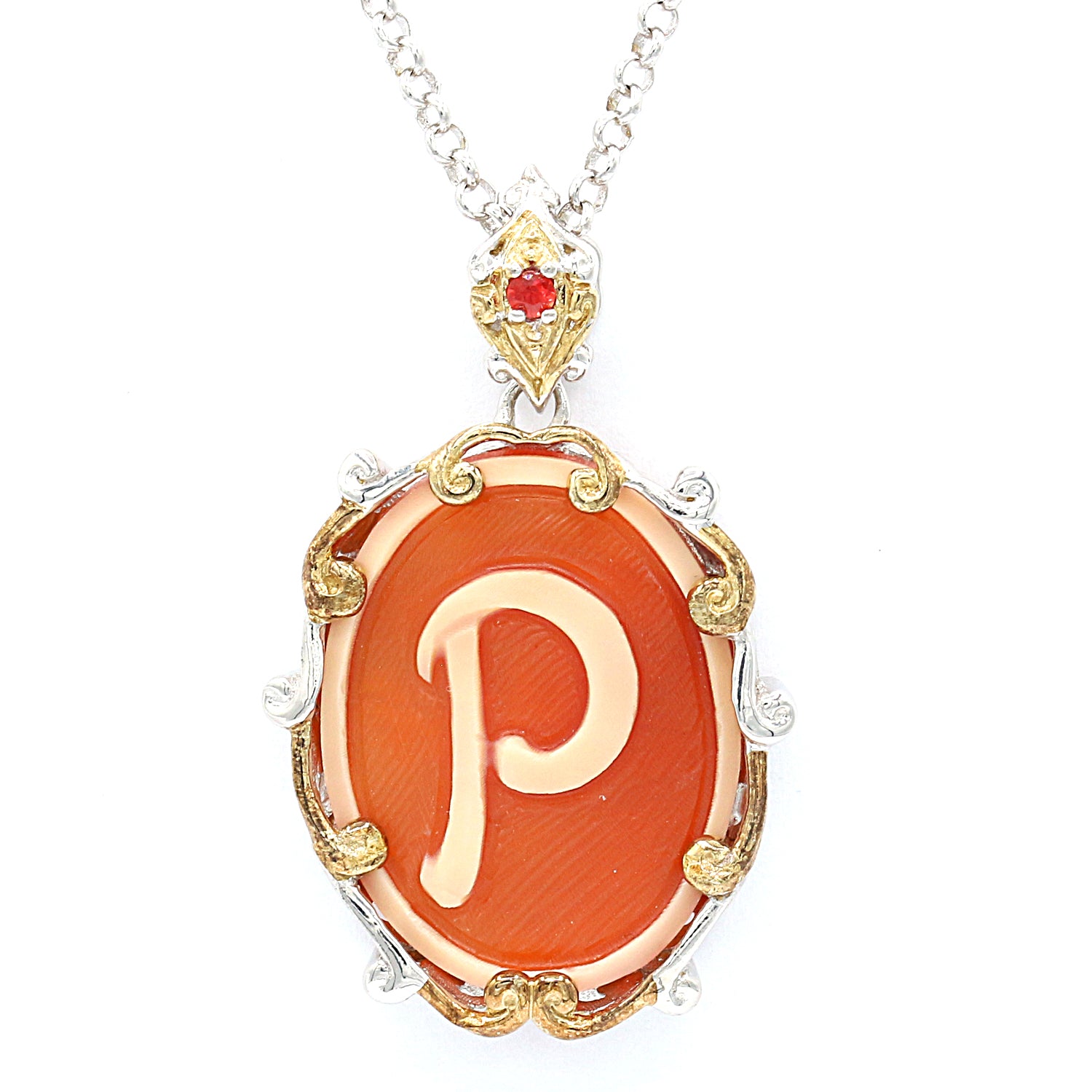 Gems en Vogue Carved Cameo & Orange Sapphire Choice of Initial Pendant