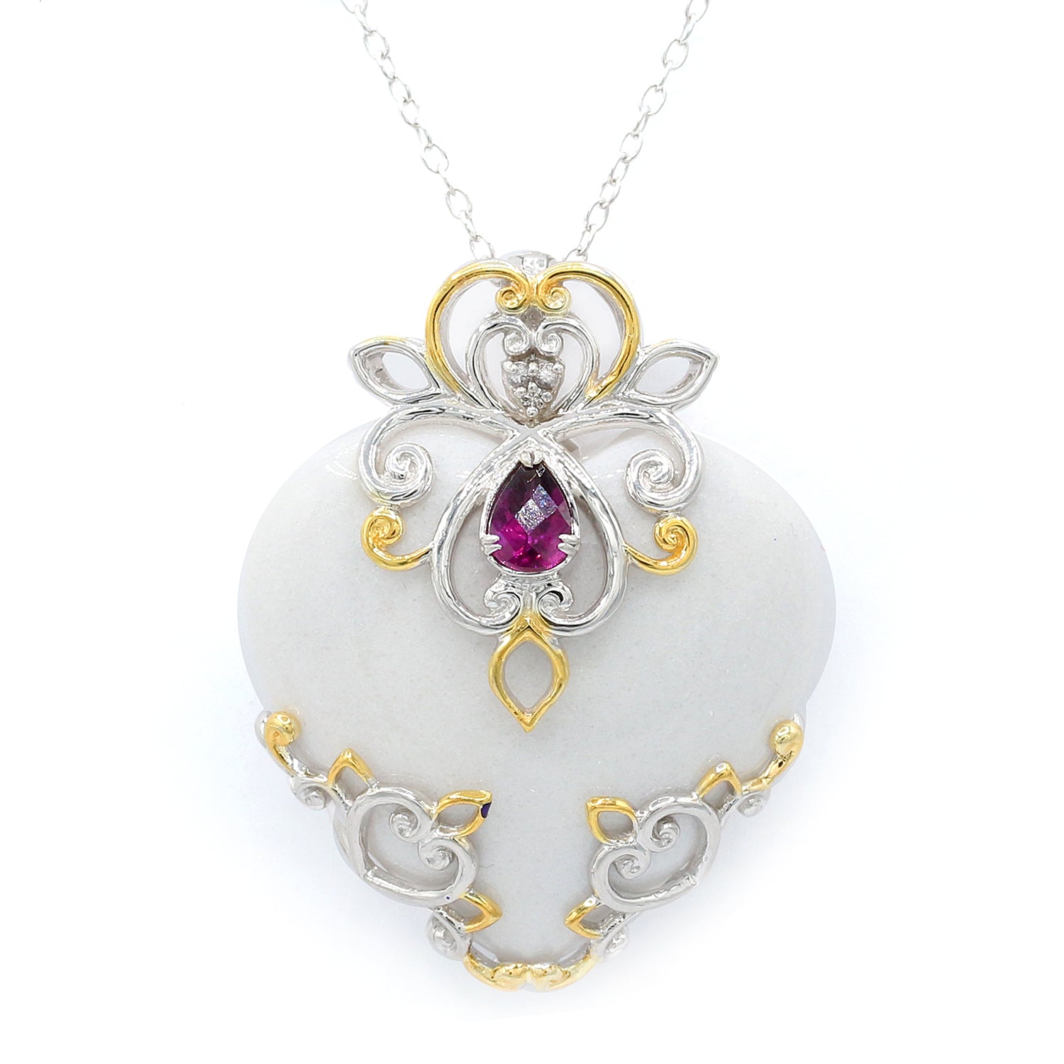 Gems en Vogue Heart shaped White Agate, Rhodolite & White Sapphire Pendant