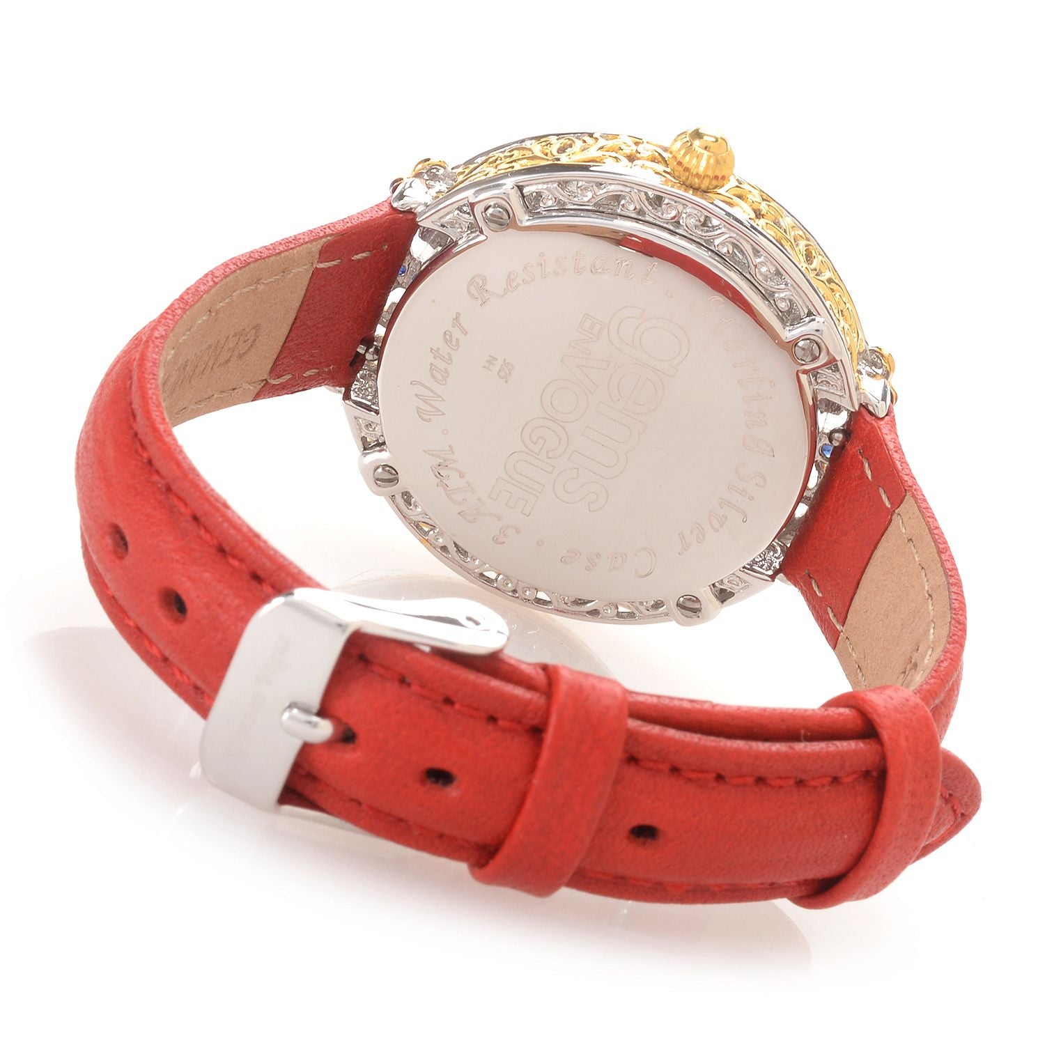 Gems en Vogue Hand Painted Shell Warrior & Blue Sapphire Leather Strap Watch