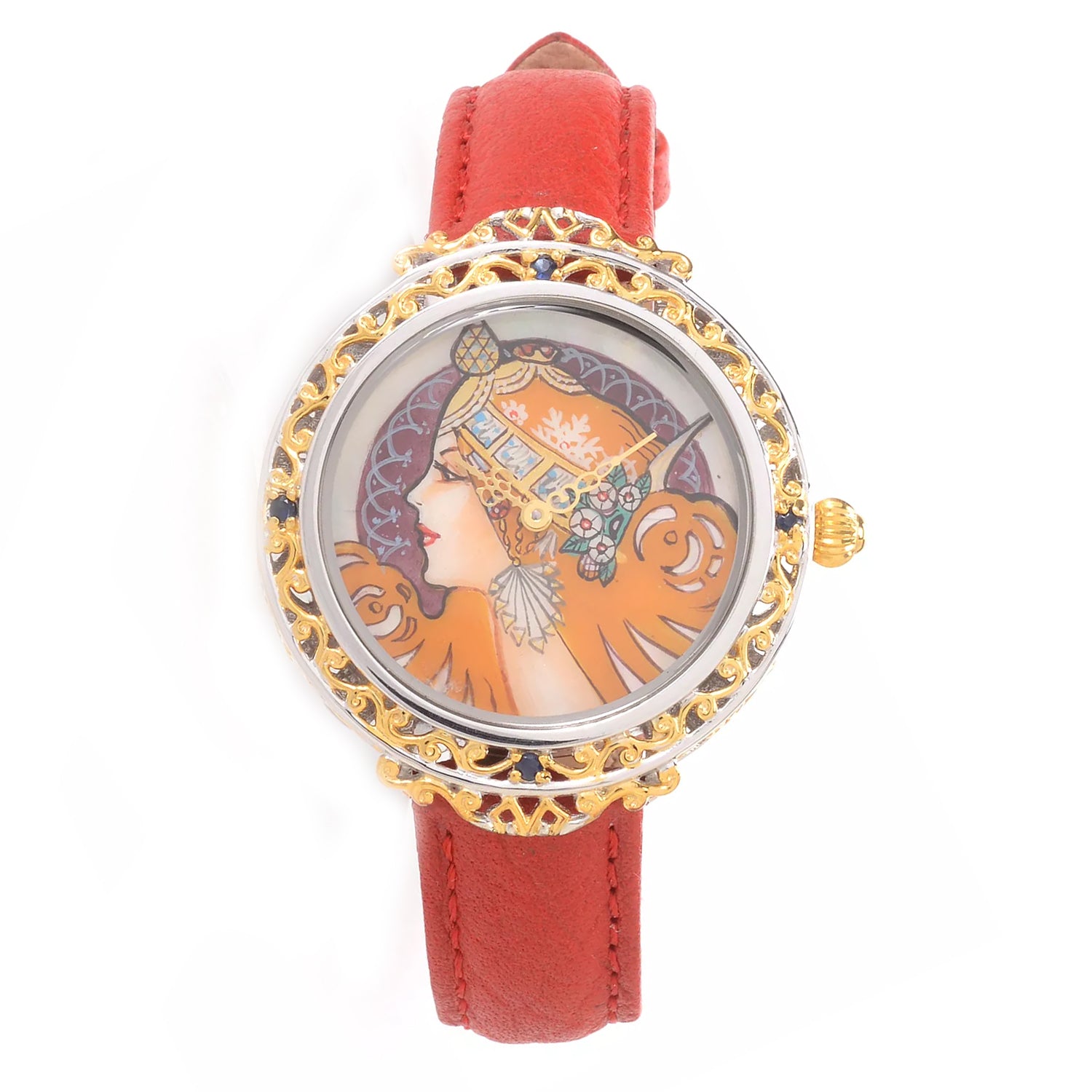 Gems en Vogue Hand Painted Shell Warrior & Blue Sapphire Leather Strap Watch