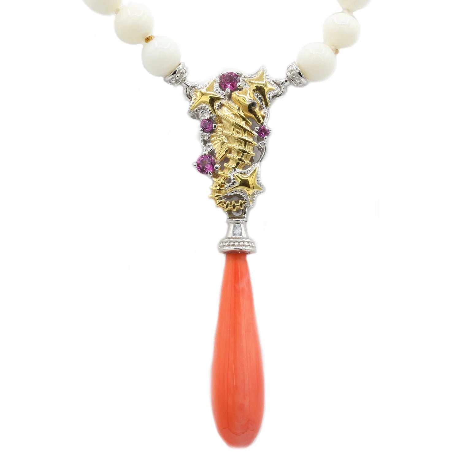 Gems en Vogue Salmon Coral Drop & White Coral Seahorse Necklace