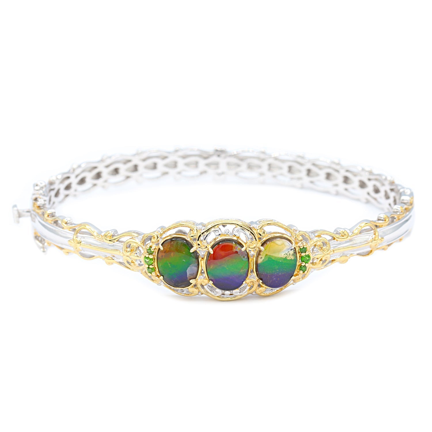 Gems en Vogue Ammolite Triplet & Chrome Diopside Hinged Bangle Bracelet