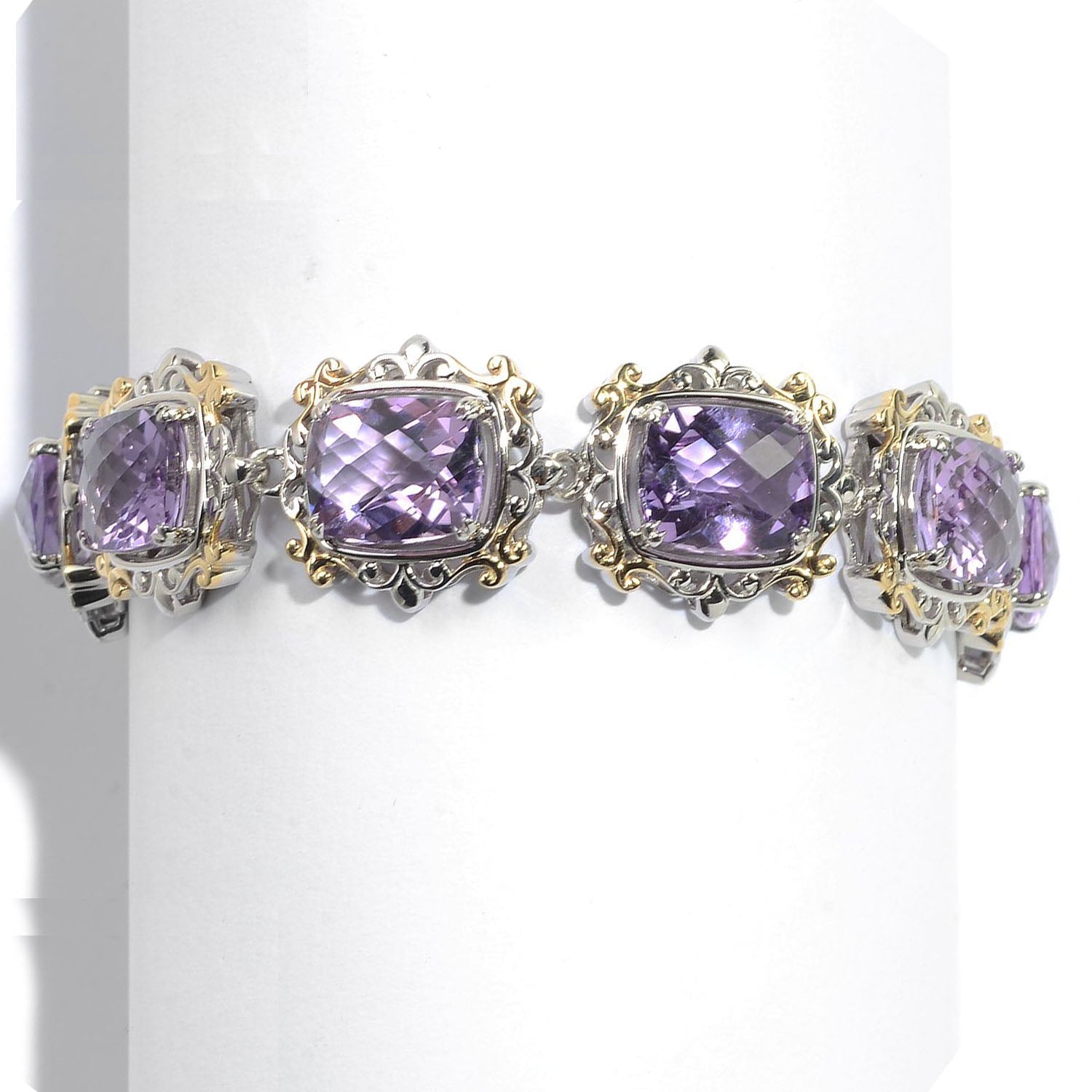 Gems en Vogue 22.24ctw Brazilian Amethyst Scrollwork Halo Link Bracelet