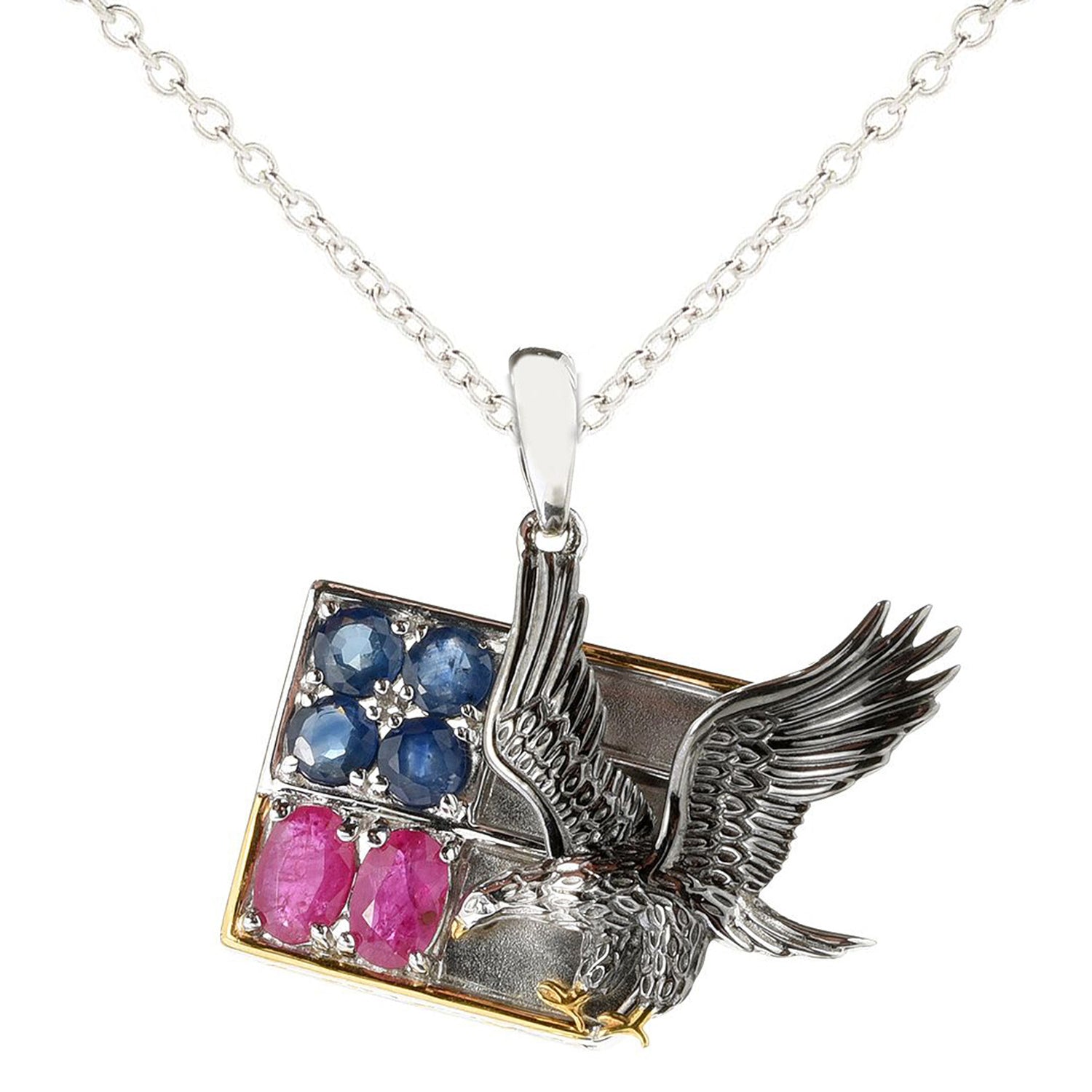 Gems en Vogue Sapphire and Ruby American Flag and Eagle Men's Pendant