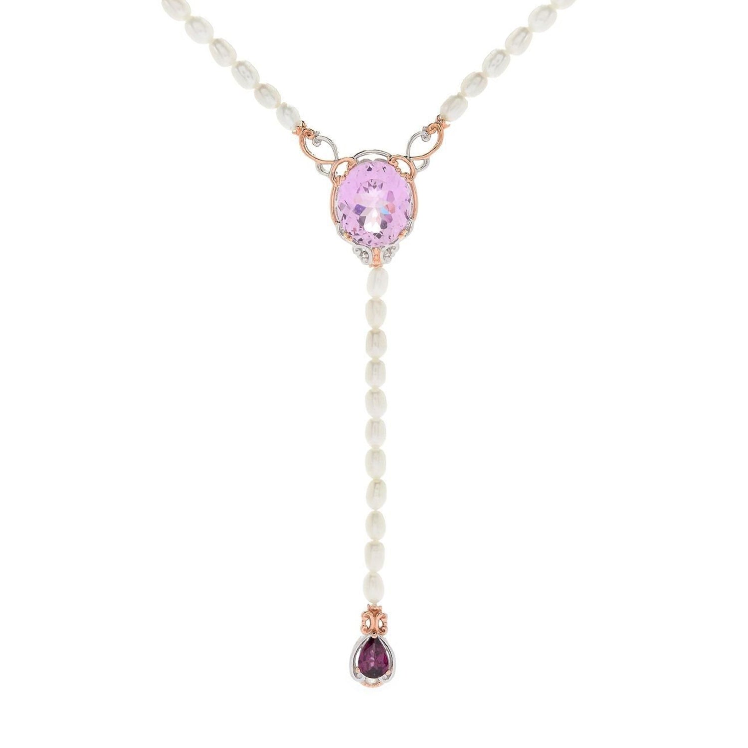 Gems en Vogue 7.17ctw Kunzite Rhodolite Garnet & Cultured Pearl Dangle Y-Necklace