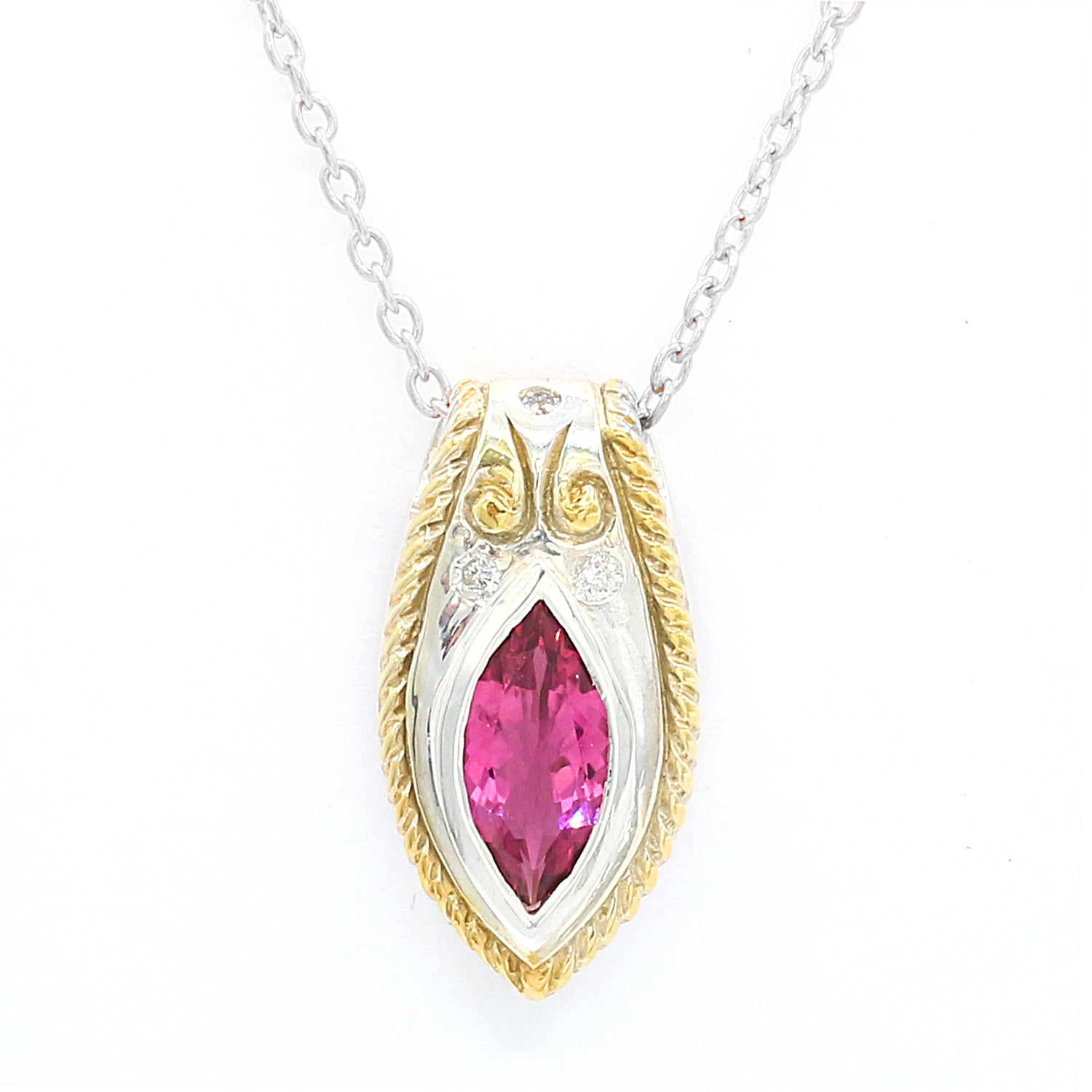 18kt Teardrop Pink Tourmaline & Diamond Halo Necklace