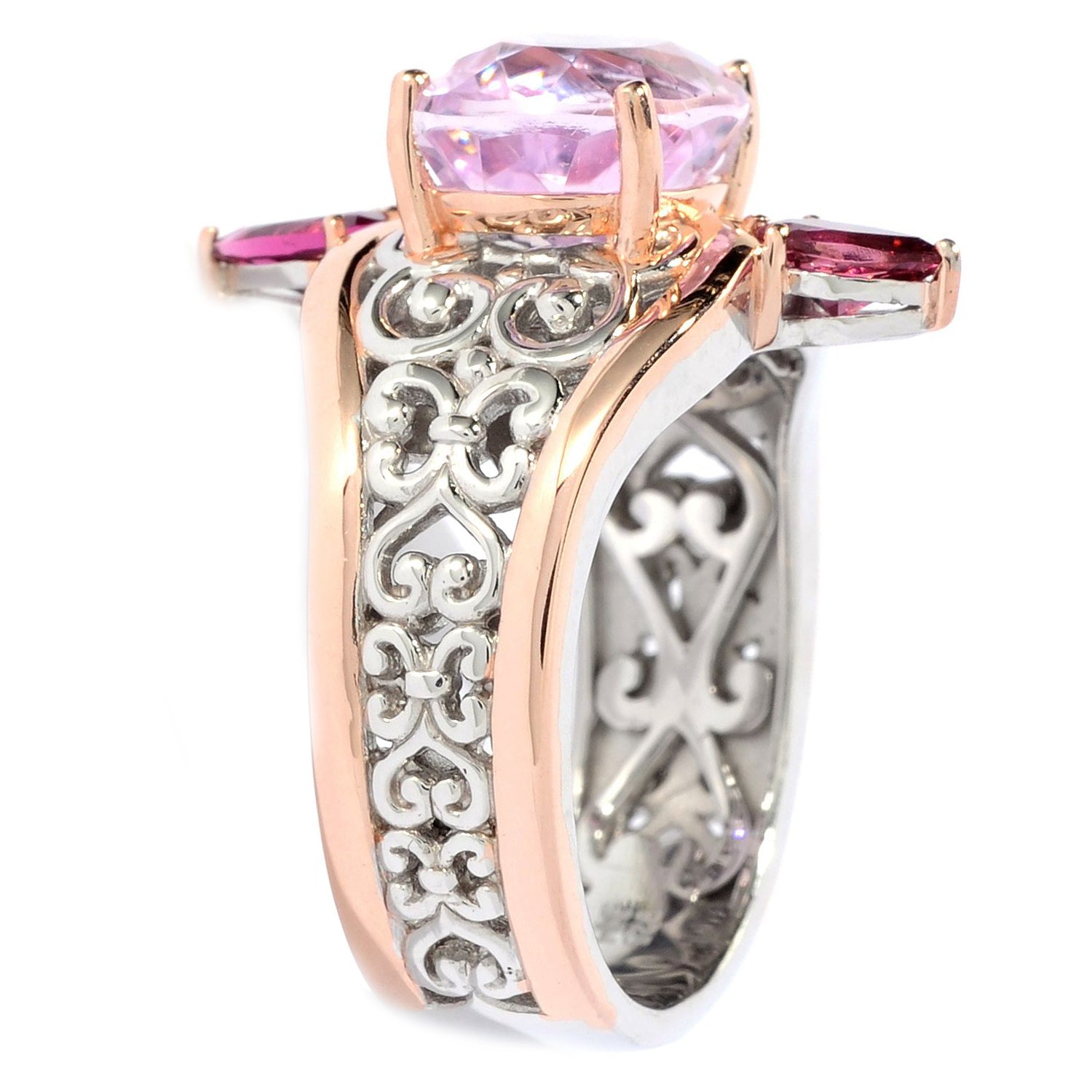 Gems en Vogue 3.96ctw Pastel Kunzite & Pink Tourmaline Scrollwork Ring