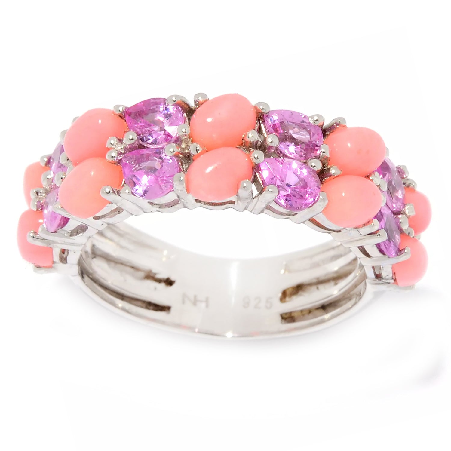 Sterling Silver Pink Coral & Pink Sapphire 2-Row Ring