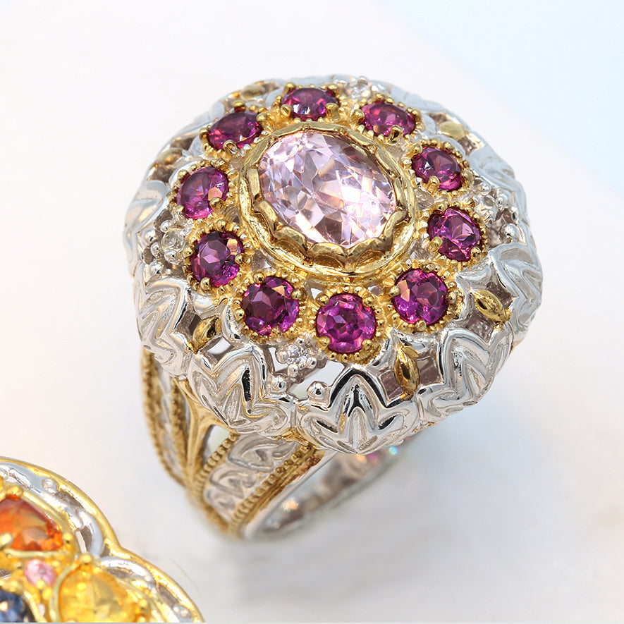 Gems en Vogue 2.83ctw Kunzite, Rhodolite & White Sapphire Dome Ring