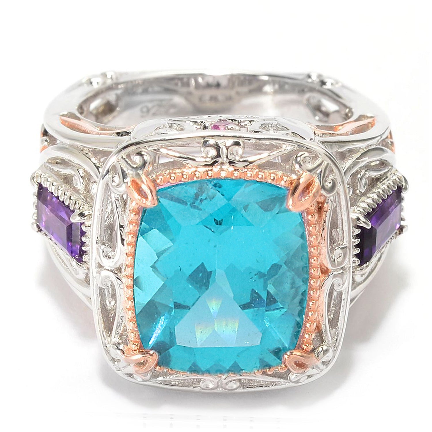 Gems en Vogue Luxe Collection, 5.81ctw Paraiba Apatite, African Amethyst & Hot Pink Sapphire Ring