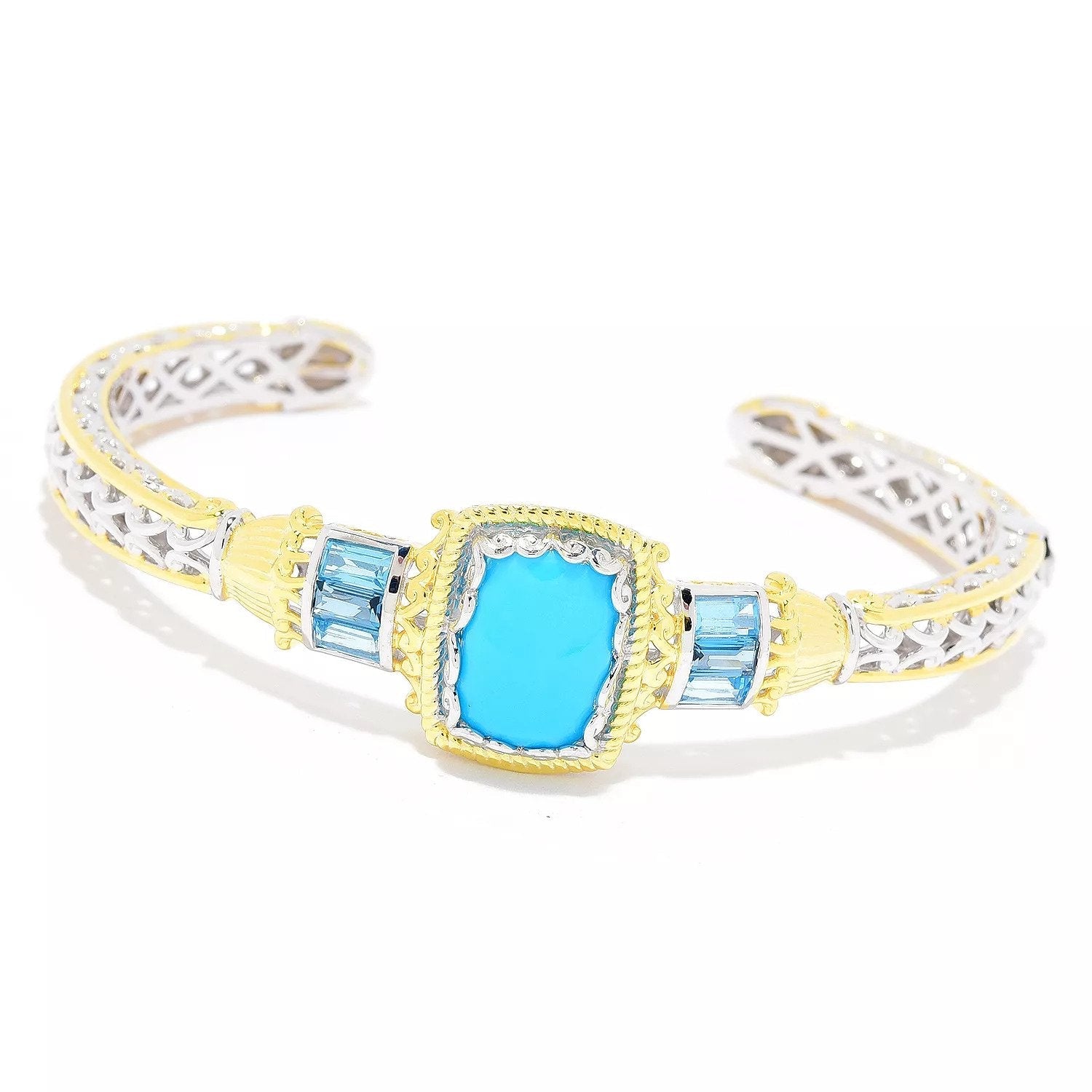 Gems en Vogue Sleeping Beauty Turquoise & Blue Topaz Hinged Cuff Bracelet