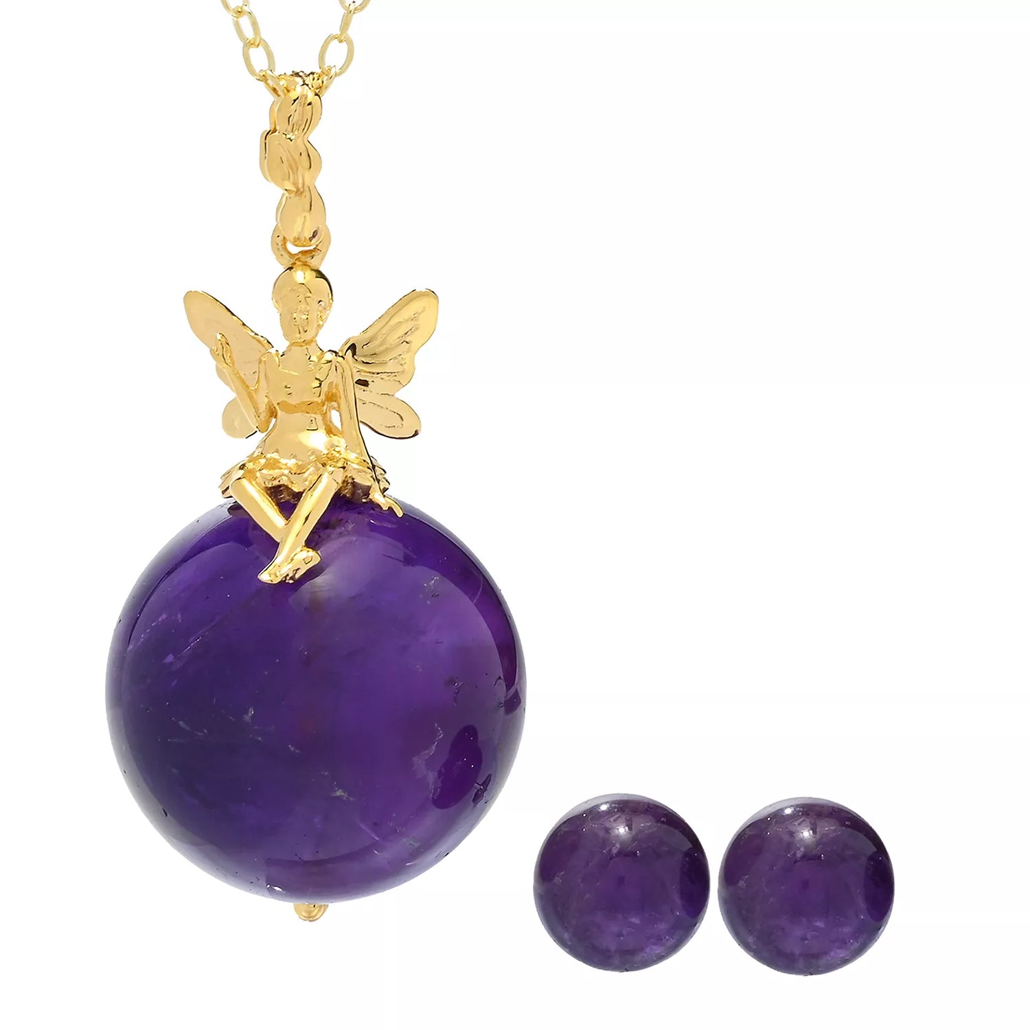 Gems en Vogue 24K Palladium Silver Amethyst Bead Fairy Pendant & Stud Earrings Set