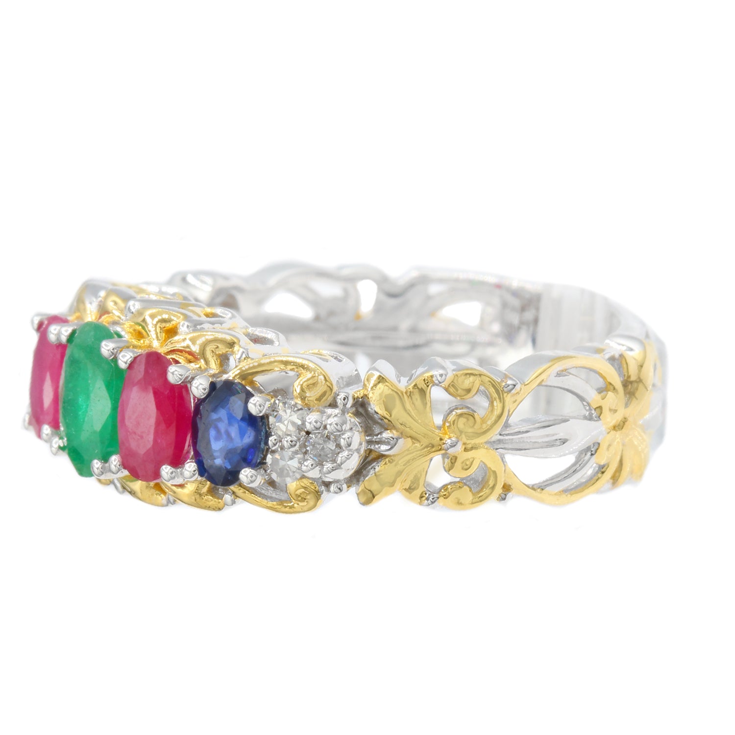 Gems en Vogue 1.66ctw Emerald Ruby Blue Sapphire & Diamond Five Stone Band Ring