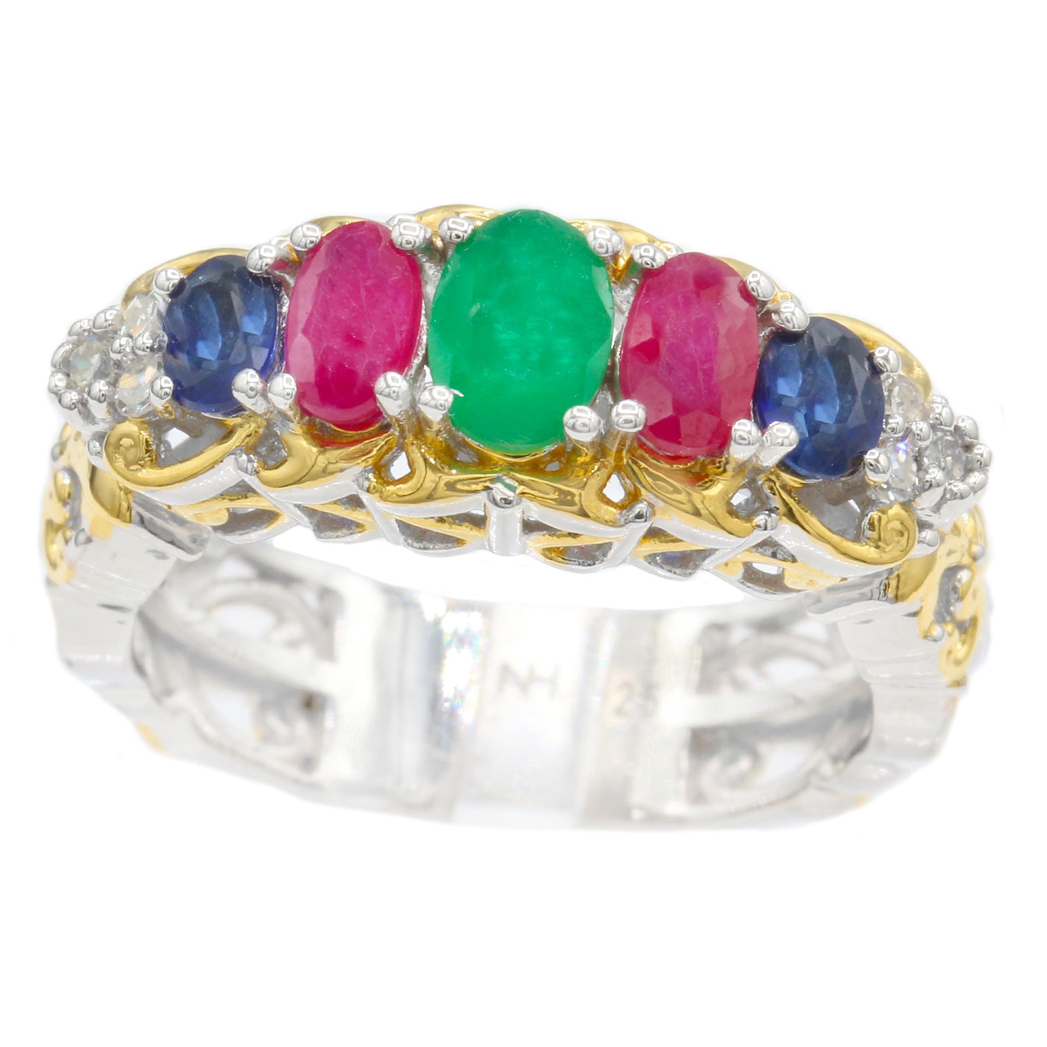 Gems en Vogue 1.66ctw Emerald Ruby Blue Sapphire & Diamond Five Stone Band Ring