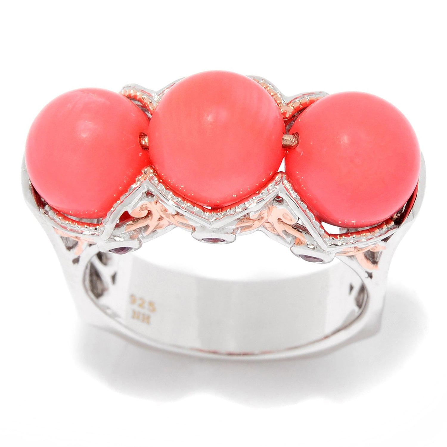 Gems en Vogue Pink Coral Bead & Rhodolite Three Stone Ring