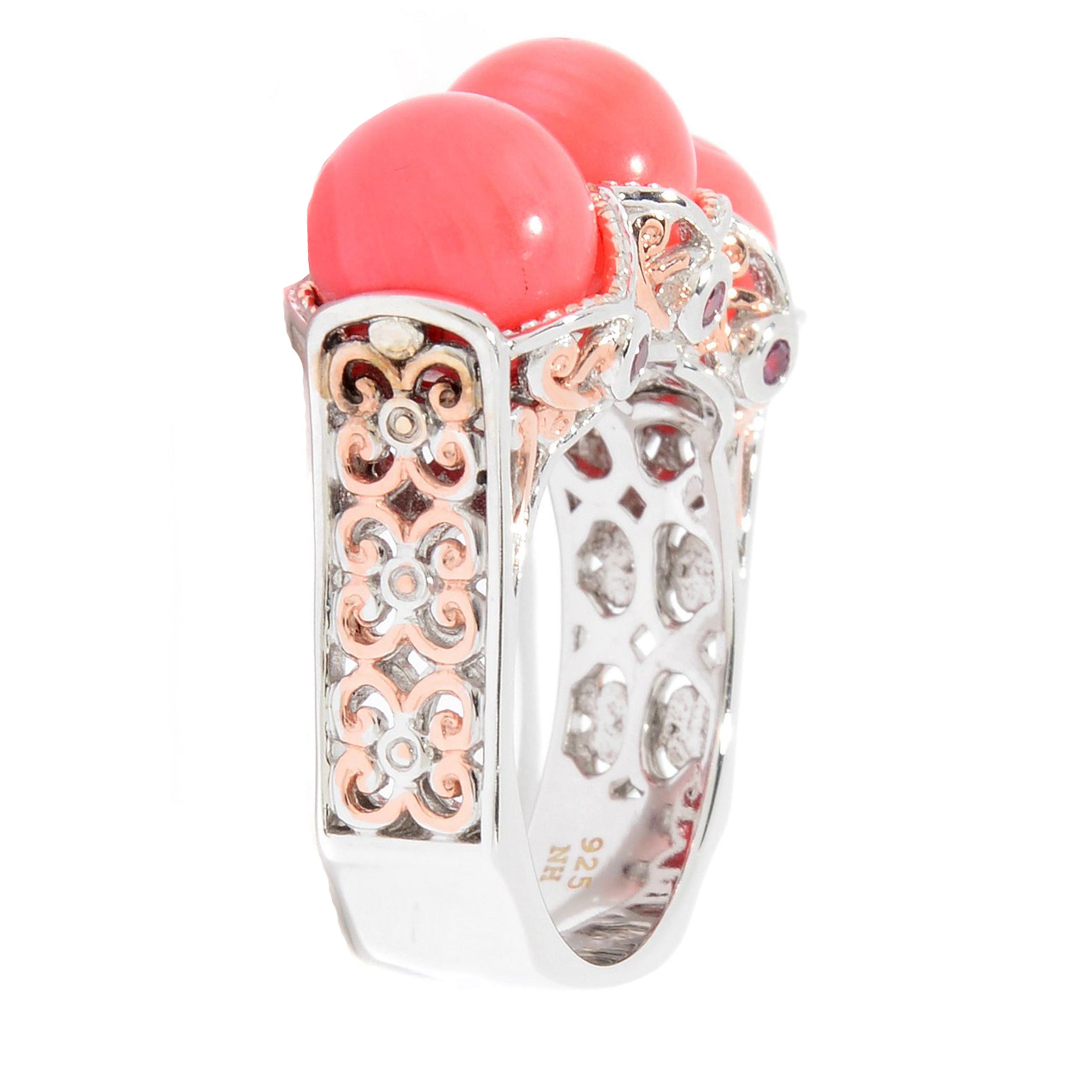 Gems en Vogue Pink Coral Bead & Rhodolite Three Stone Ring