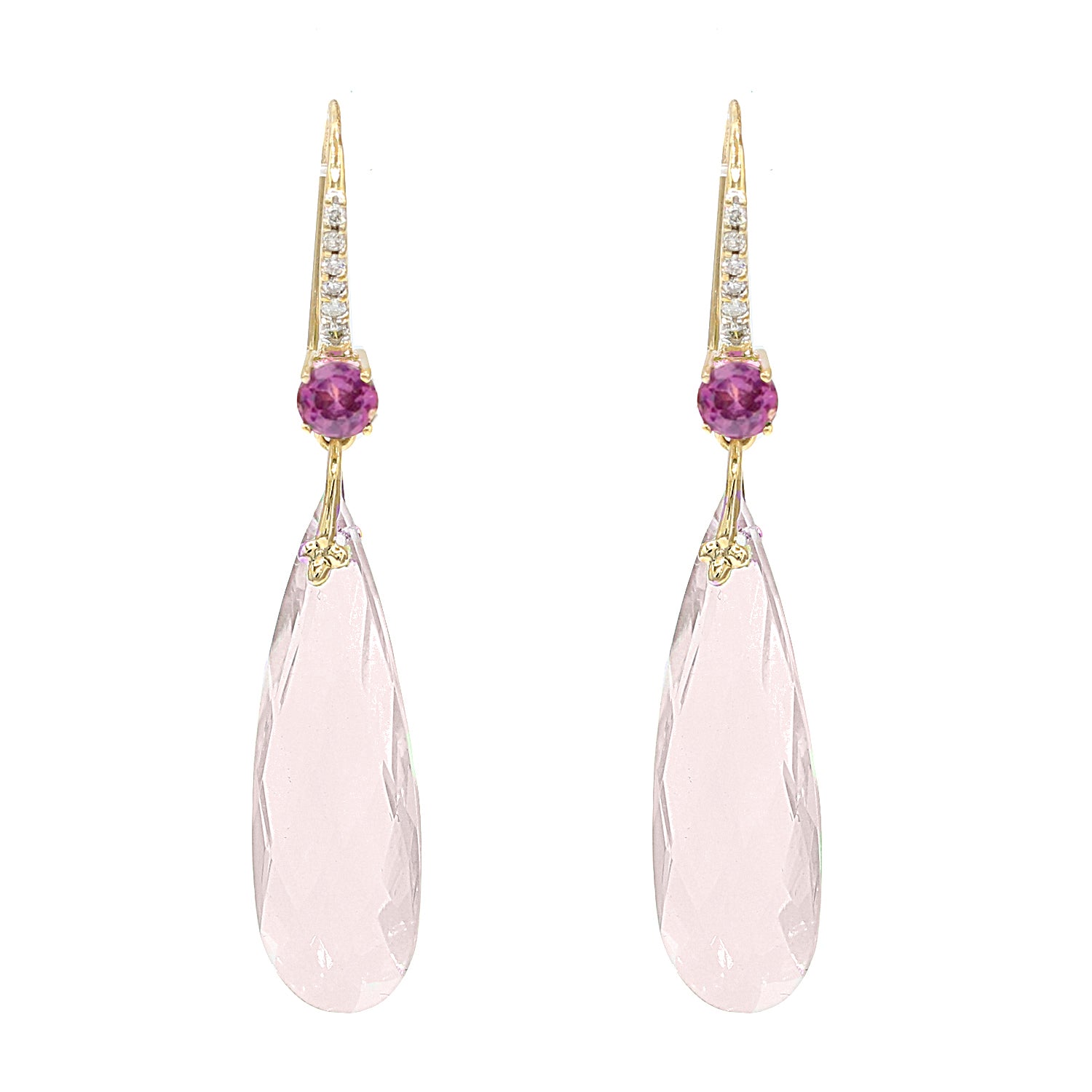 Golden Jewel 10K Yellow Gold 27.09ctw Rose Quartz, Rhodiolite & Diamond Drop Earrings