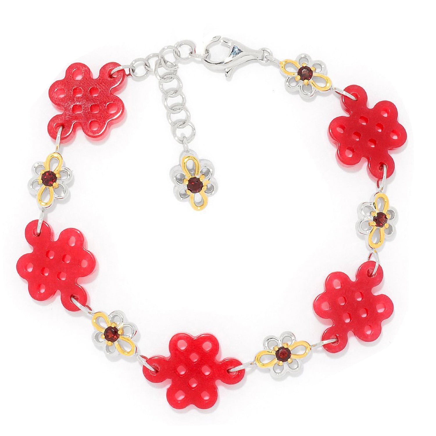 Gems en Vogue Bracelet Fleur Nœud Chinois en Argent Palladié 24K, Quartz Rouge et Grenat