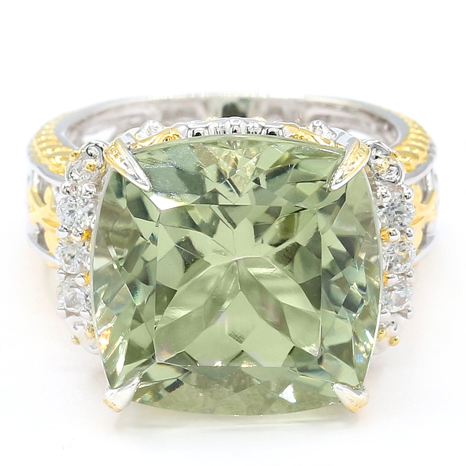 Gems en Vogue 14.15ctw Square Cushion Prasiolite & White Zircon Ring