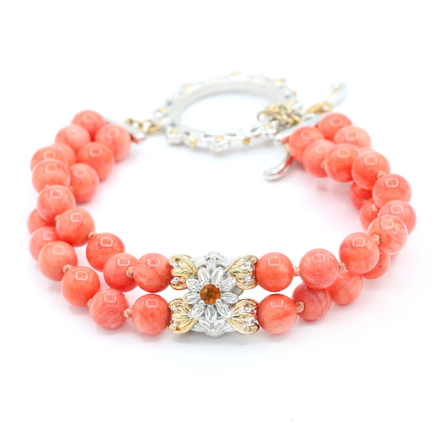 Gems en Vogue Salmon Coral & Madeira Citrine Bead Flower Bracelet