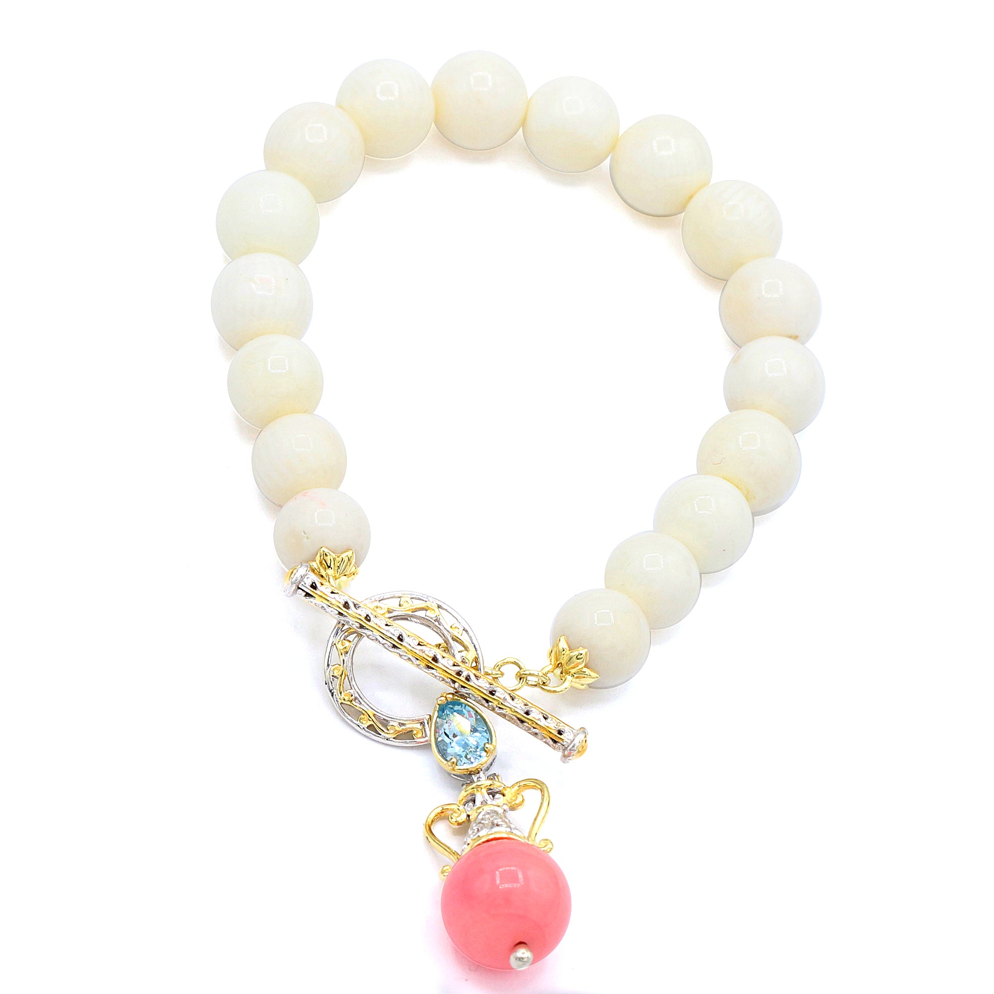 Gems en Vogue 24K Palladium Silver Coral & Blue Topaz Bead Charm Drop Toggle Bracelet