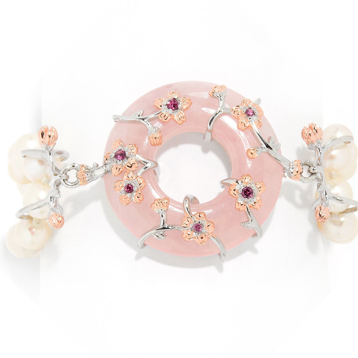 Gems en Vogue Rose Quartz Donut, Pearl & Rhodolite Garnet Flower Toggle Bracelet
