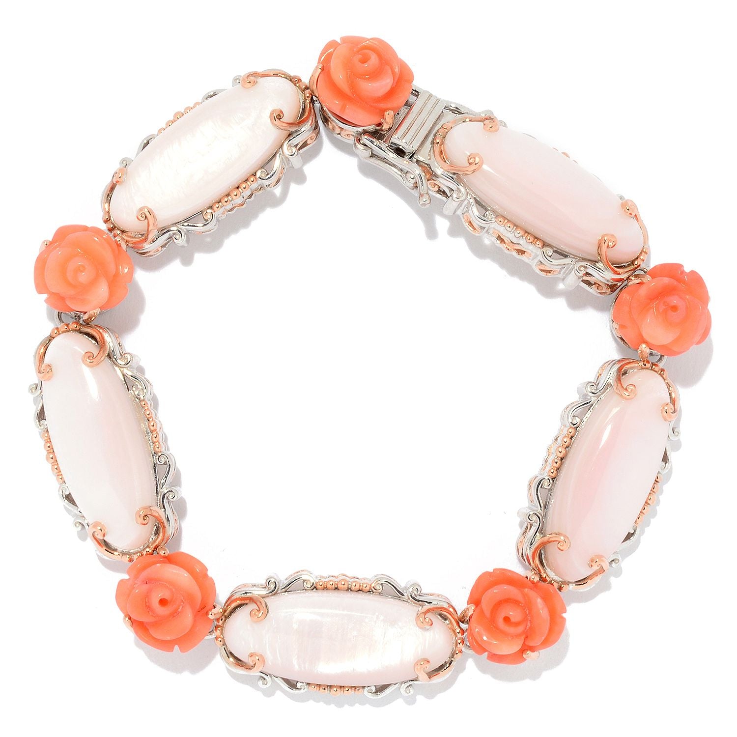 Gems en Vogue 18K Palladium Silver Pink Conch Shell & Coral Rose Flower Bracelet