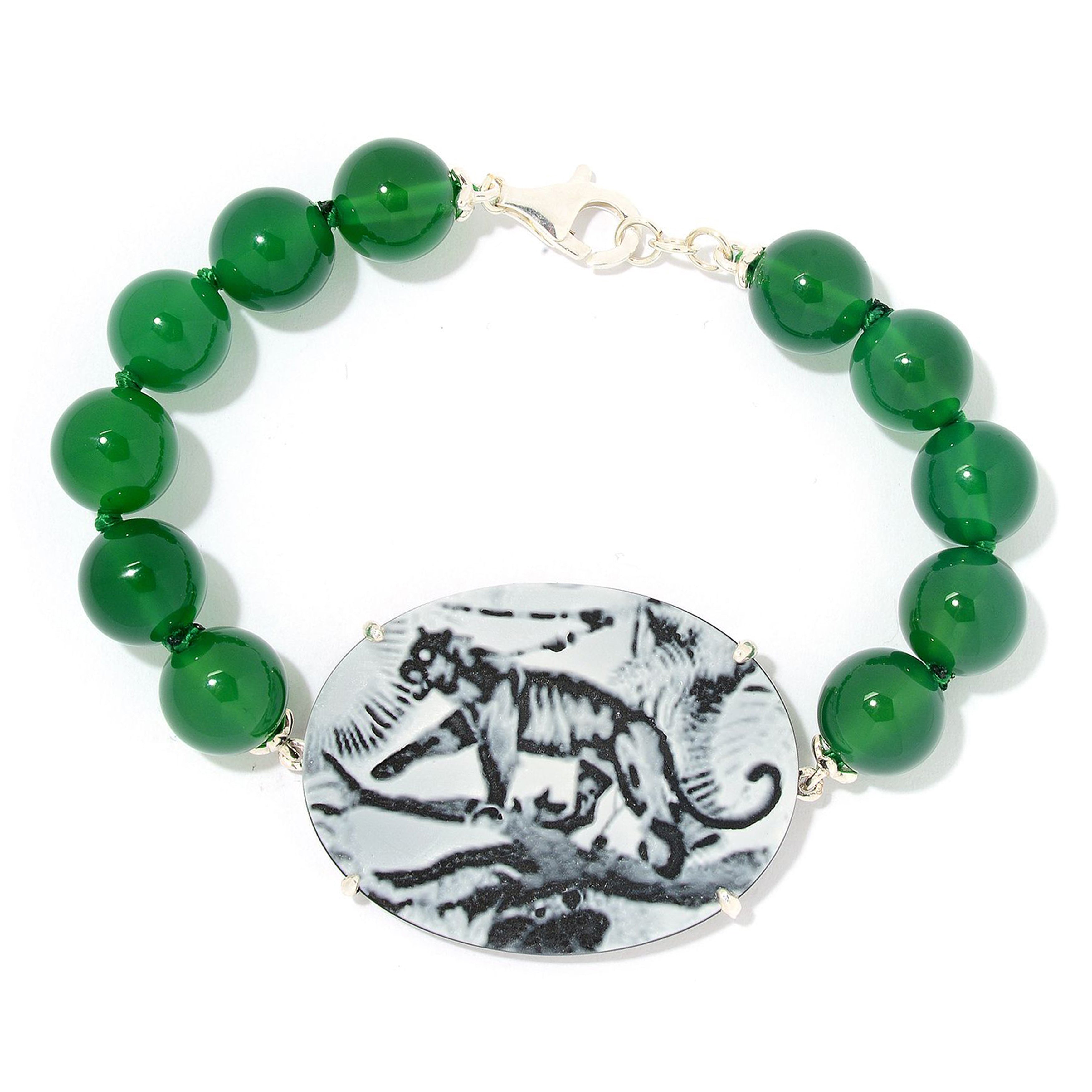 Gems en Vogue Carved Panther Green Agate Cameo & Chalcedony Bead Bracelet