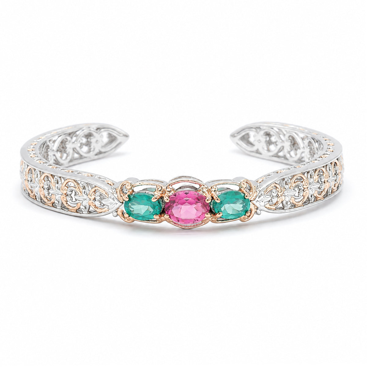 Gems en Vogue 18K Palladium Silver 3.60ctw Cayman Topaz & Pink Topaz Three Stone Bangle Bracelet