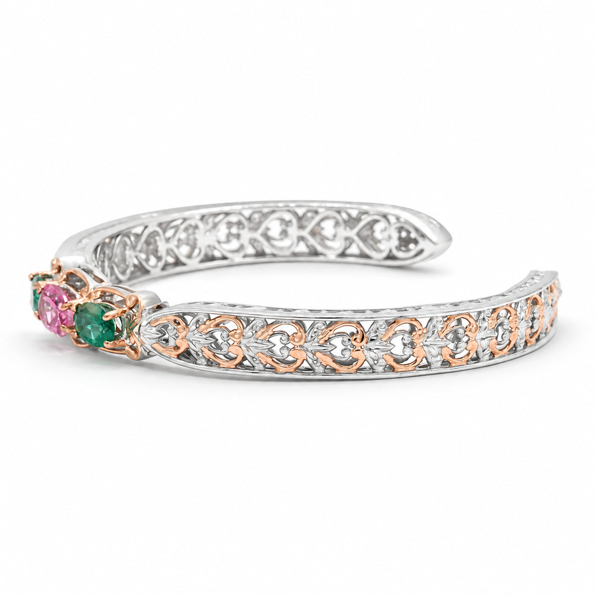 Gems en Vogue 18K Palladium Silver 3.60ctw Cayman Topaz & Pink Topaz Three Stone Bangle Bracelet
