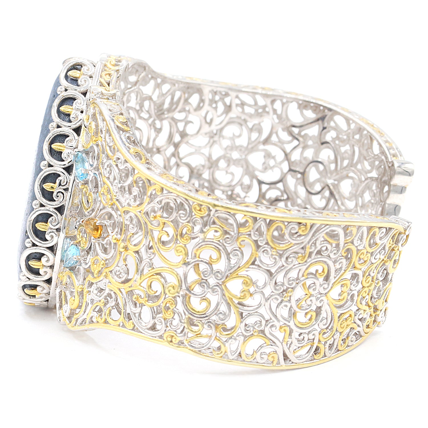 Gems en Vogue Blue Coral, Citrine & Blue Topaz Wide Cuff Bangle Bracelet