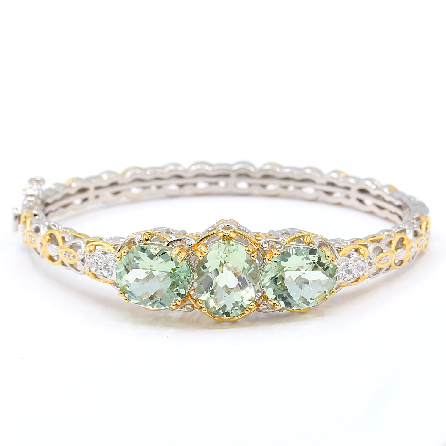 Gems en Vogue 11.94ctw Prasiolite & White Zircon Three Stone Bangle Bracelet