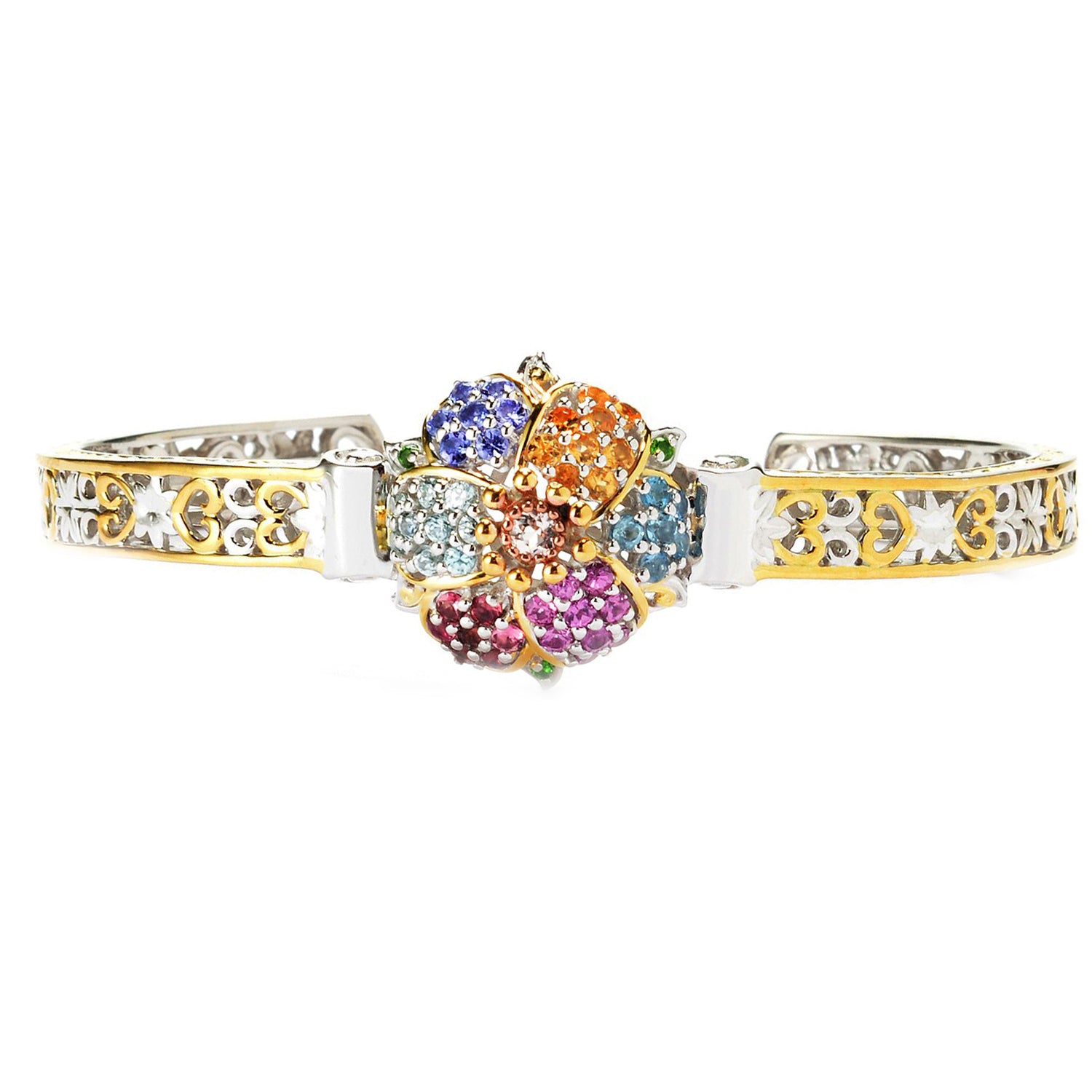 Gems en Vogue 2.19ctw Multi Gemstones Exotic Pave Cluster Flower Bangle Bracelet