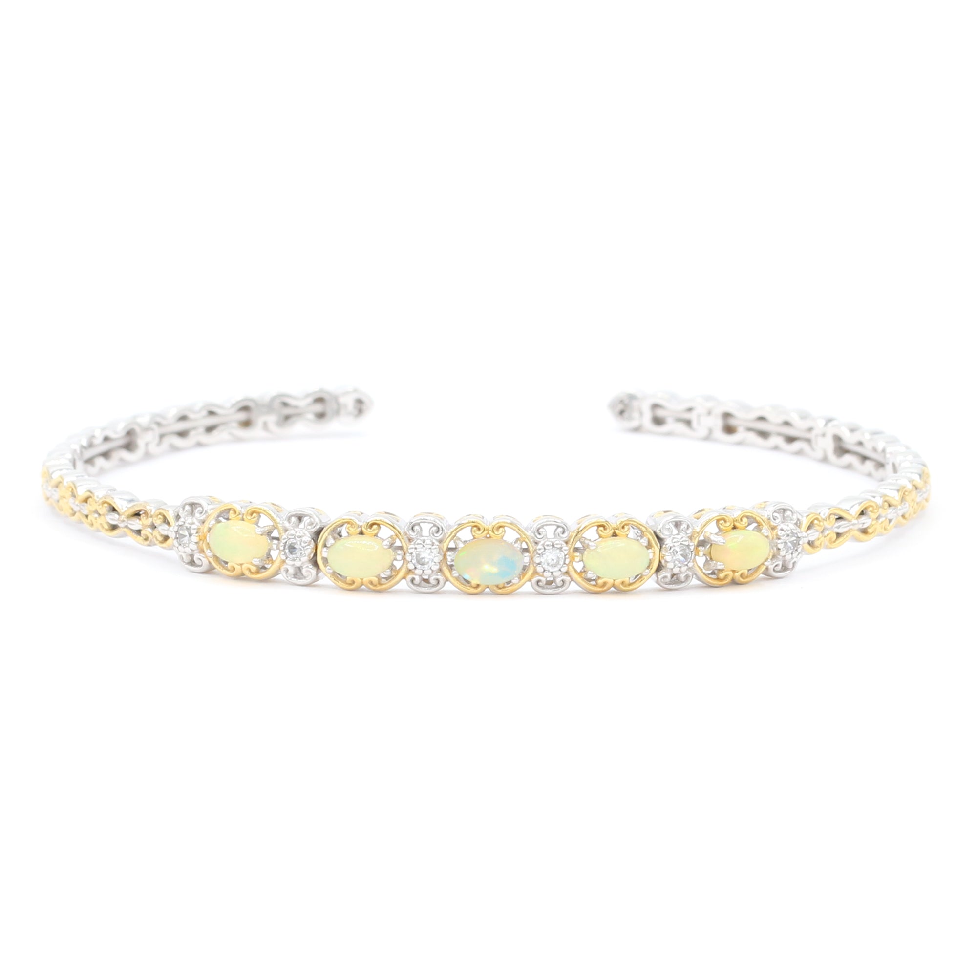 Gems en Vogue Ethiopian Opal & White Zircon Flexible Stacking Bangle Bracelet