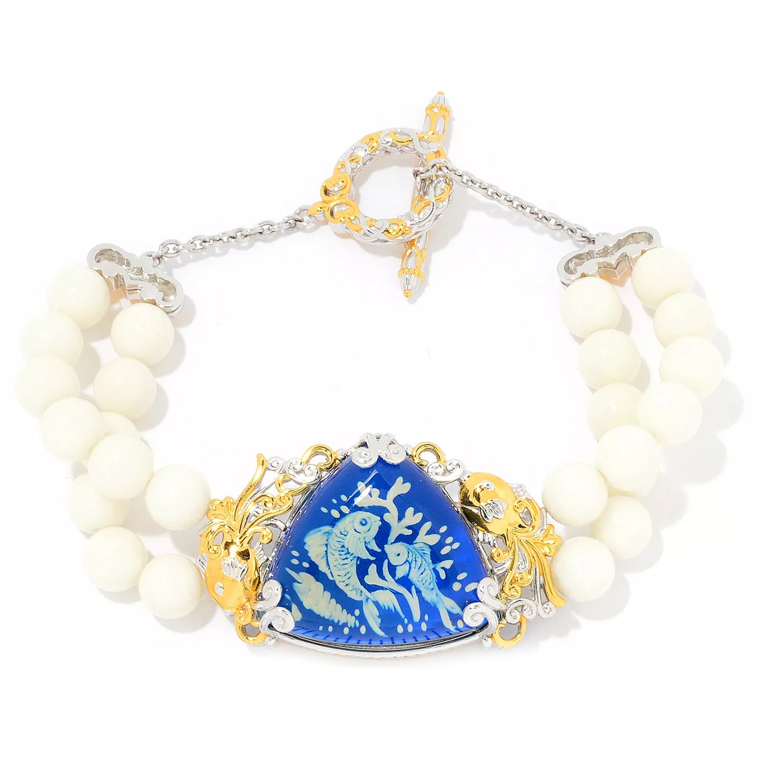 Gems en Vogue Carved Blue Amber & White Coral Bead Sealife Bracelet