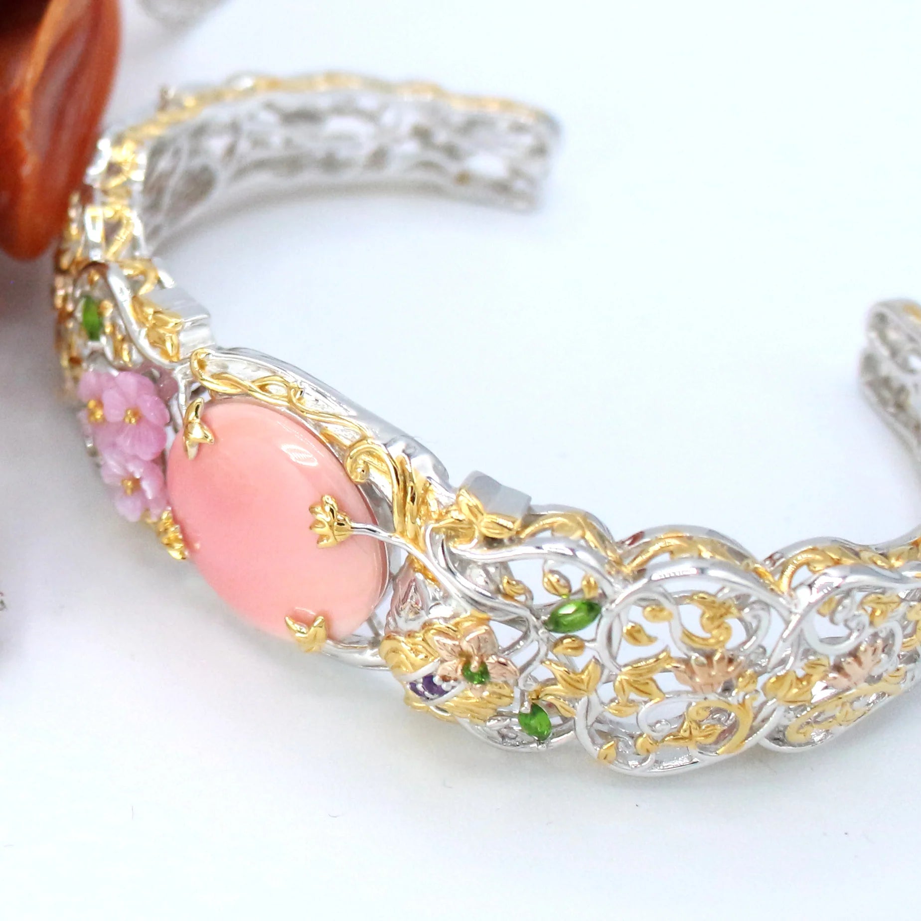 Gems en Vogue Pink Mother-of-Pearl Conch Shell & Multi Gemstone Cuff Bracelet