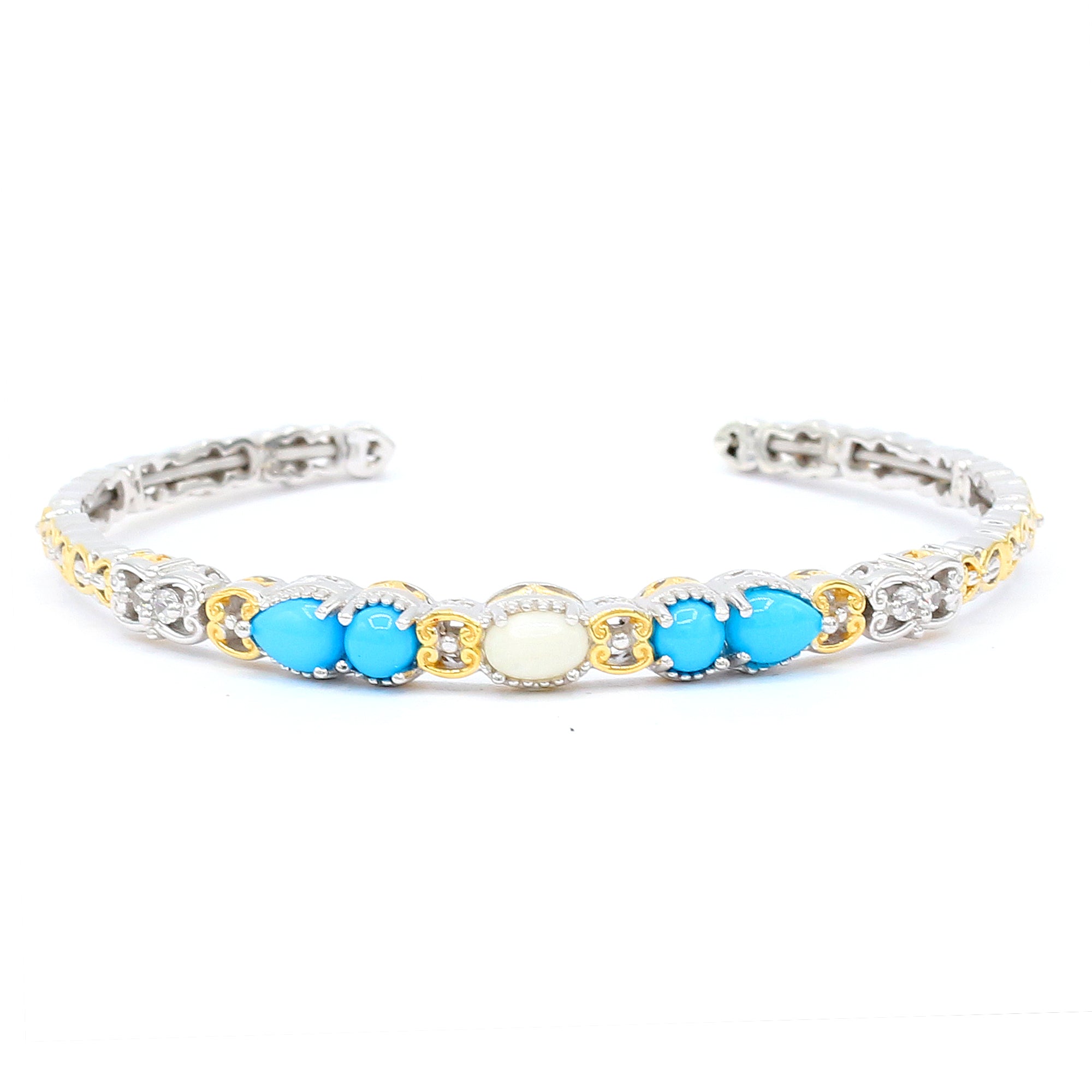 Gems en Vogue Sleeping Beauty Turquoise, White Coral & White Zircon Flexible Cuff Bangle Bracelet