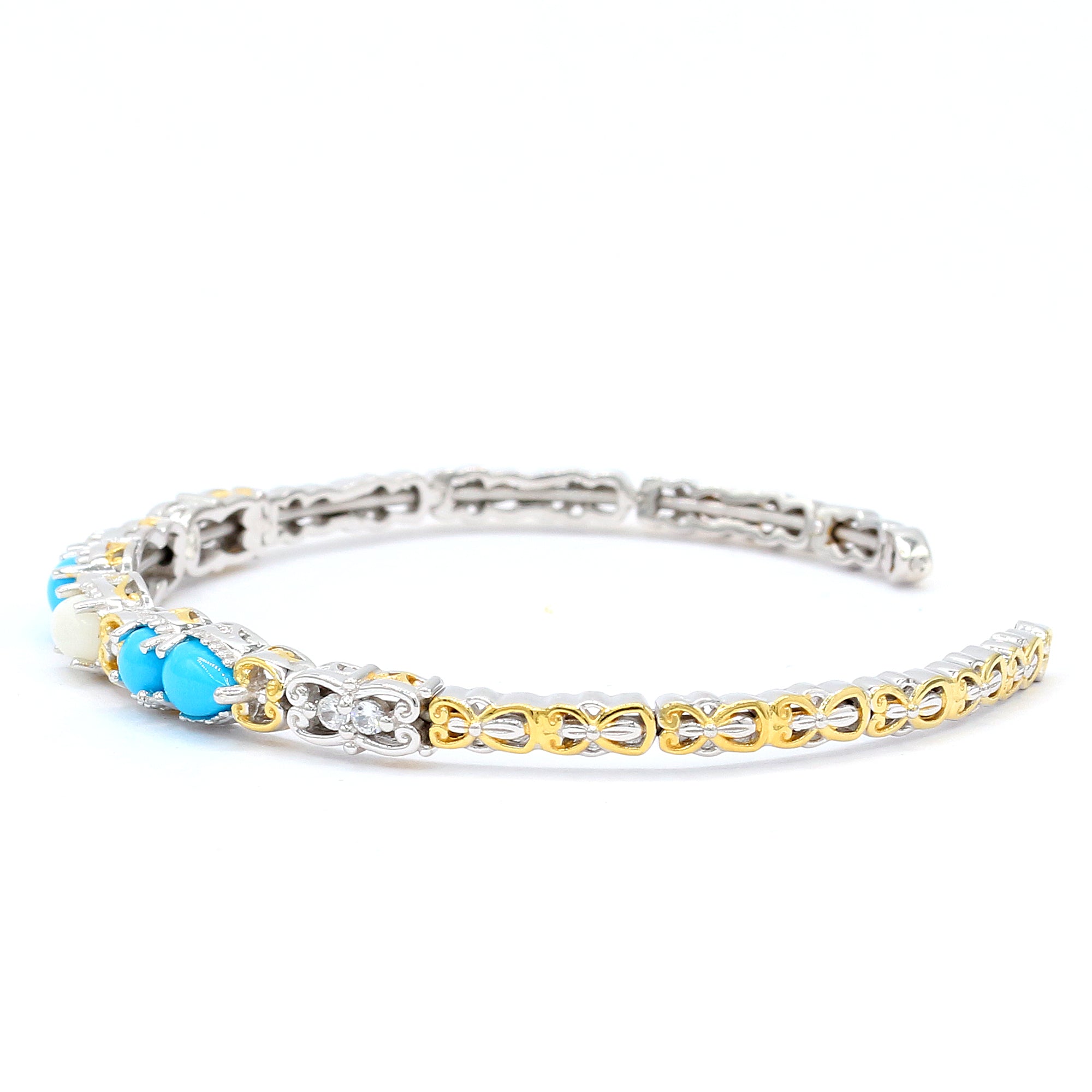 Gems en Vogue Sleeping Beauty Turquoise, White Coral & White Zircon Flexible Cuff Bangle Bracelet