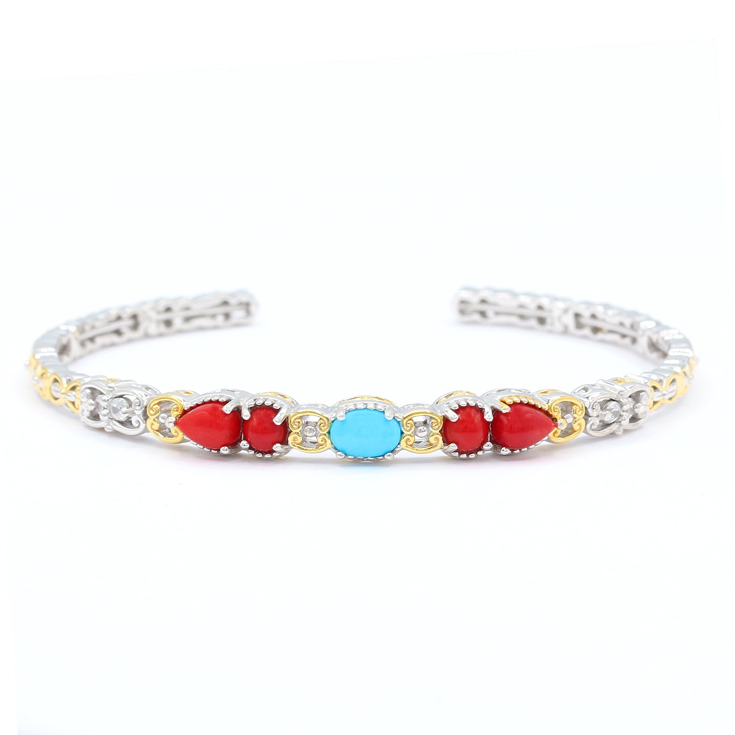 Gems en Vogue Sleeping Beauty Turquoise, Red Coral & White Zircon Flexible Cuff Bangle Bracelet