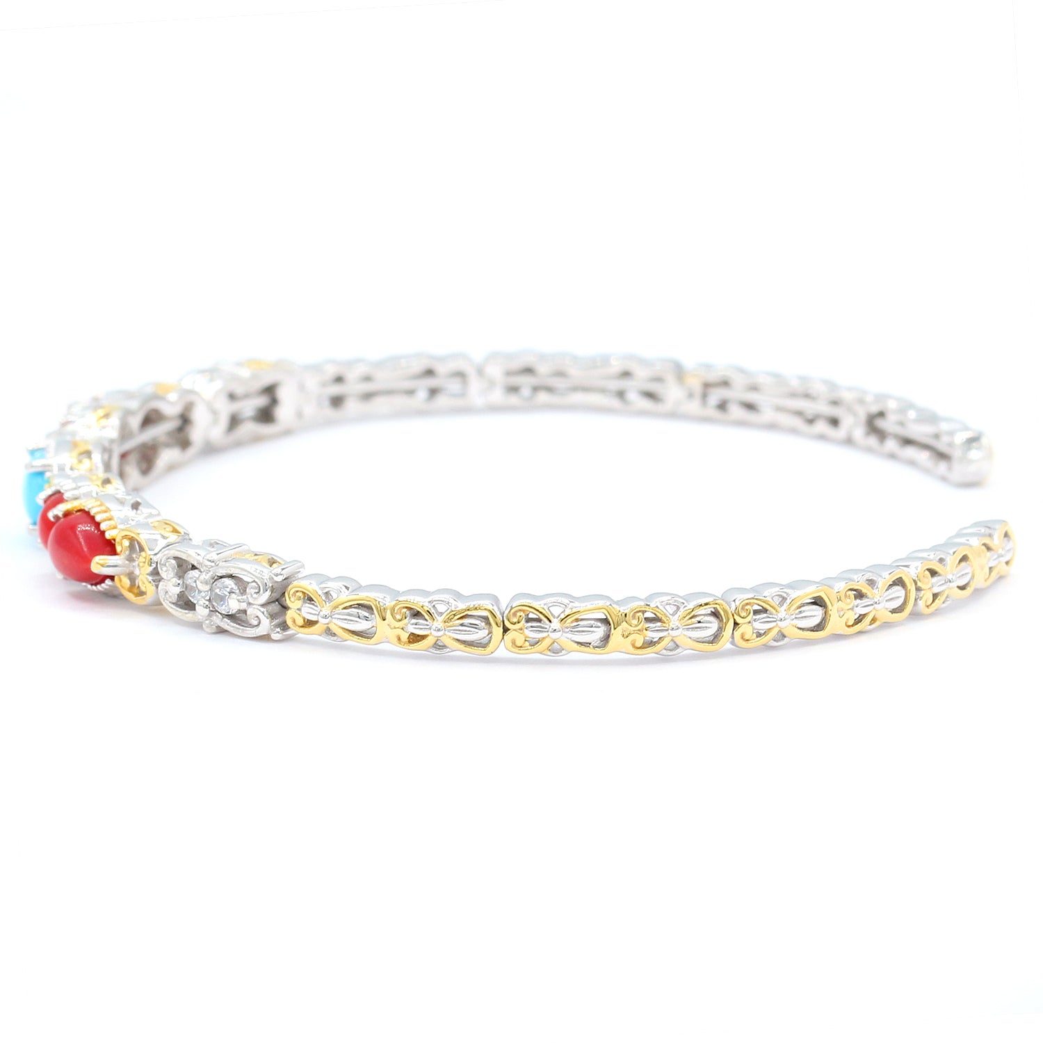 Gems en Vogue Sleeping Beauty Turquoise, Red Coral & White Zircon Flexible Cuff Bangle Bracelet