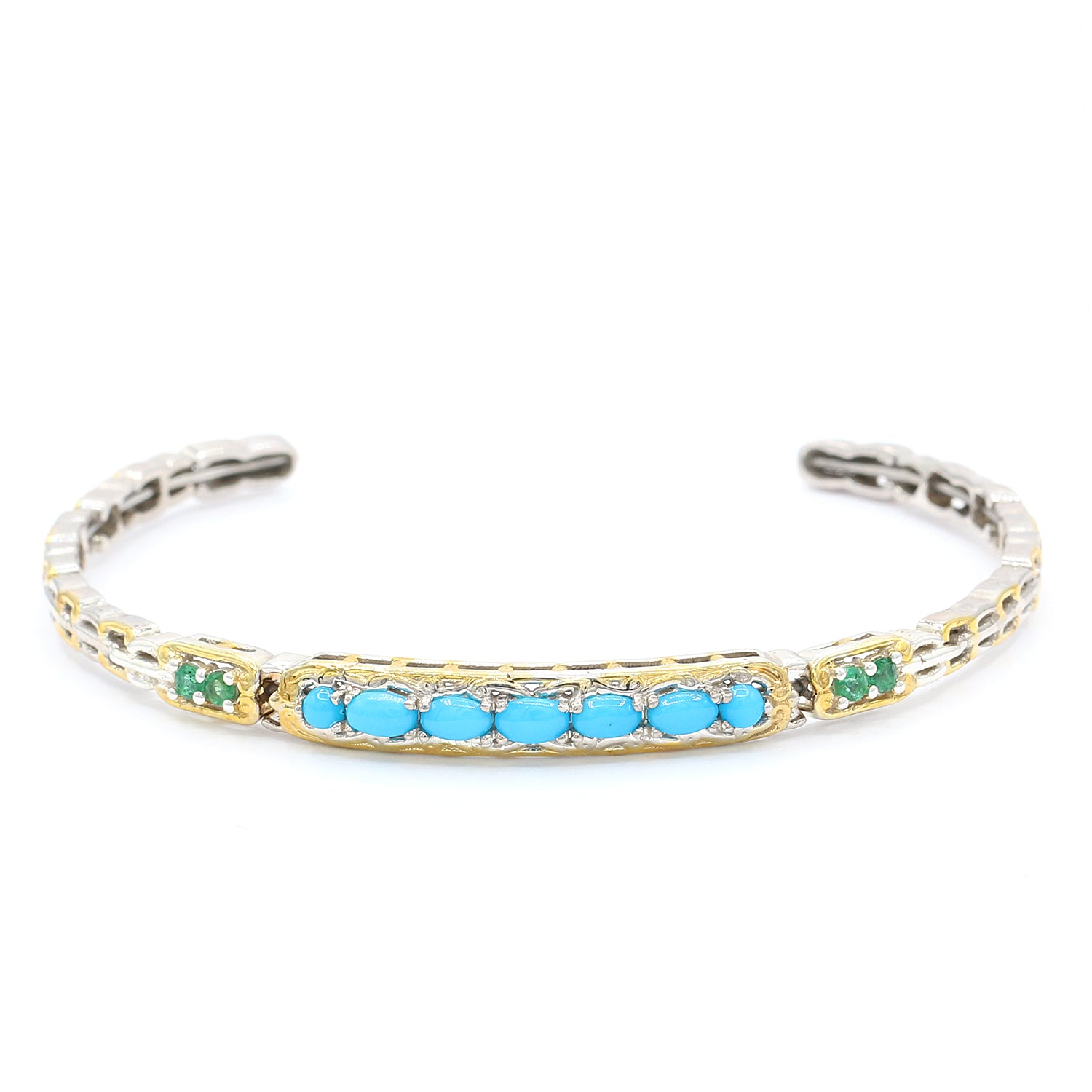 Gems en Vogue Sleeping Beauty Turquoise & Choice of Emerald or Tanzanite Flexible Bangle Bracelet