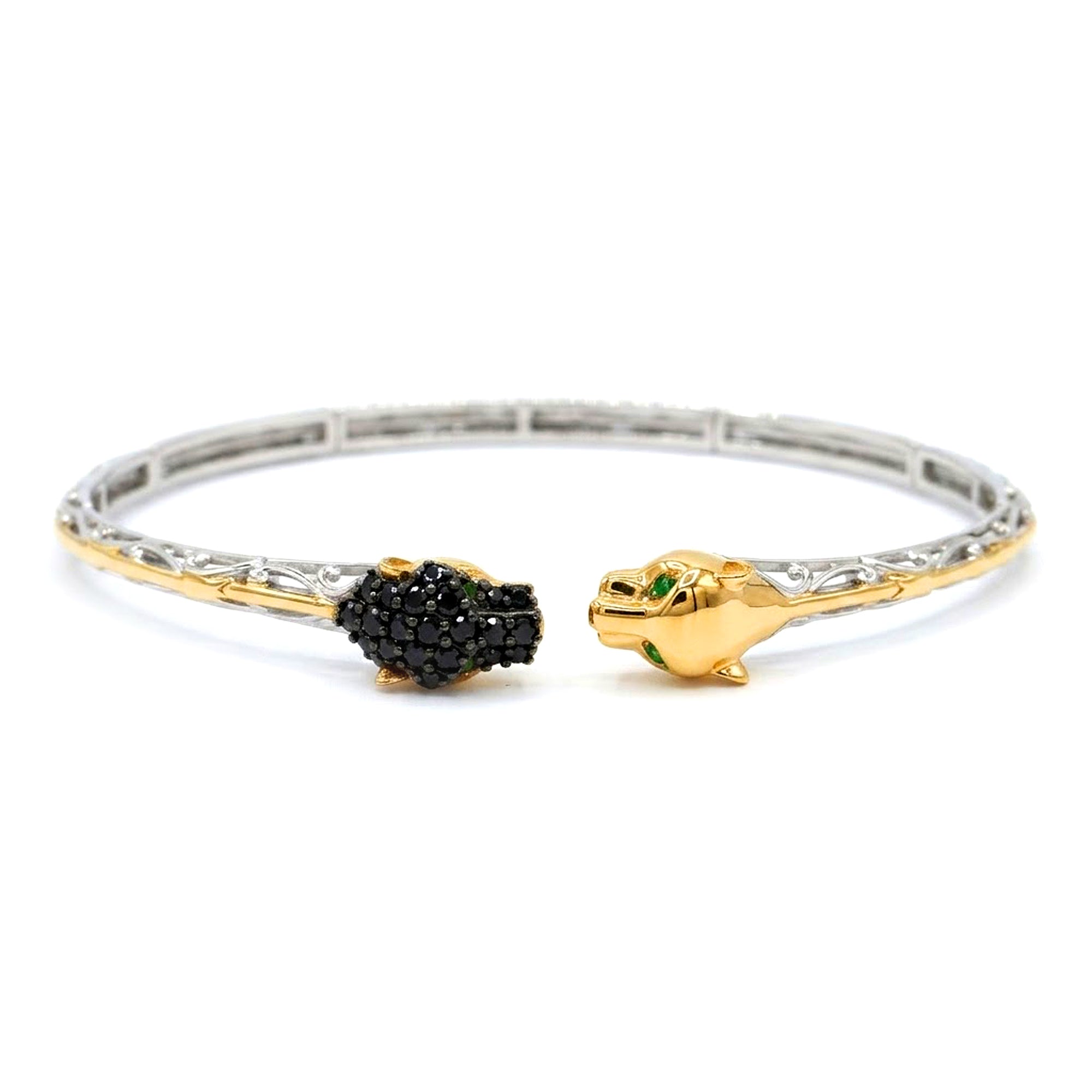 Gems en Vogue 24K Palladium Silver 0.80ctw Black Spinel & Chrome Diopside Panther Stacking Bangle Bracelet