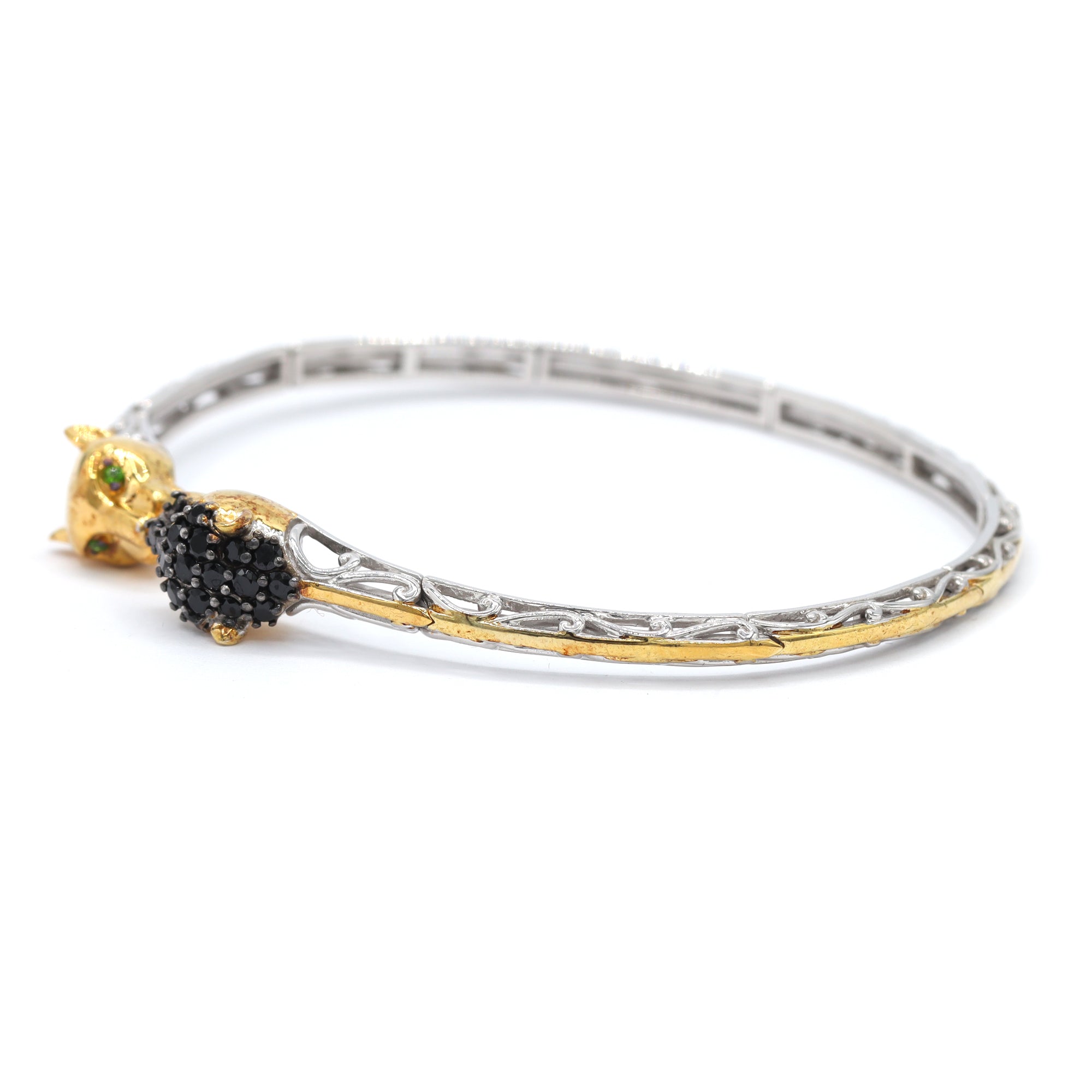 Gems en Vogue 24K Palladium Silver 0.80ctw Black Spinel & Chrome Diopside Panther Stacking Bangle Bracelet