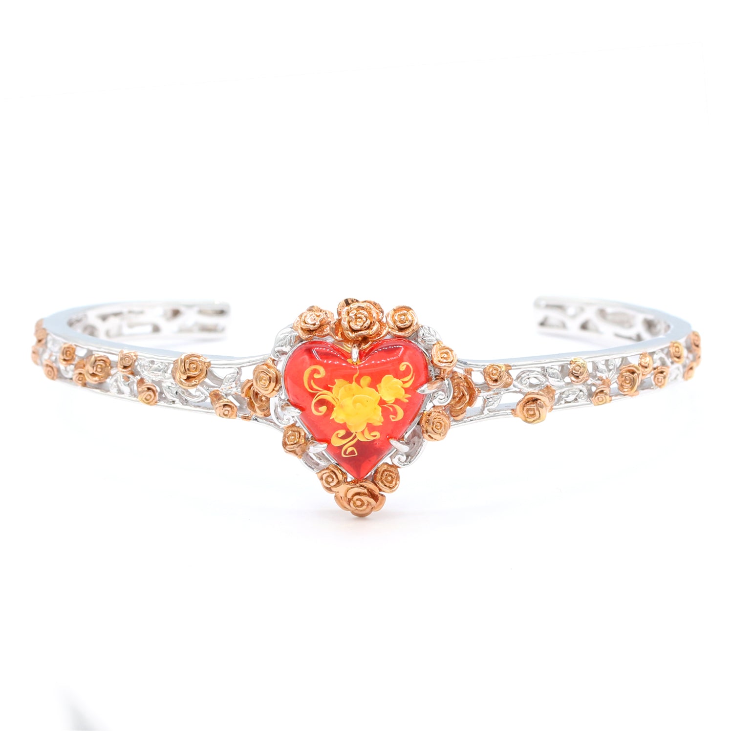 Gems en Vogue Carved Red Amber Rose Flower Heart Cuff Bangle Bracelet