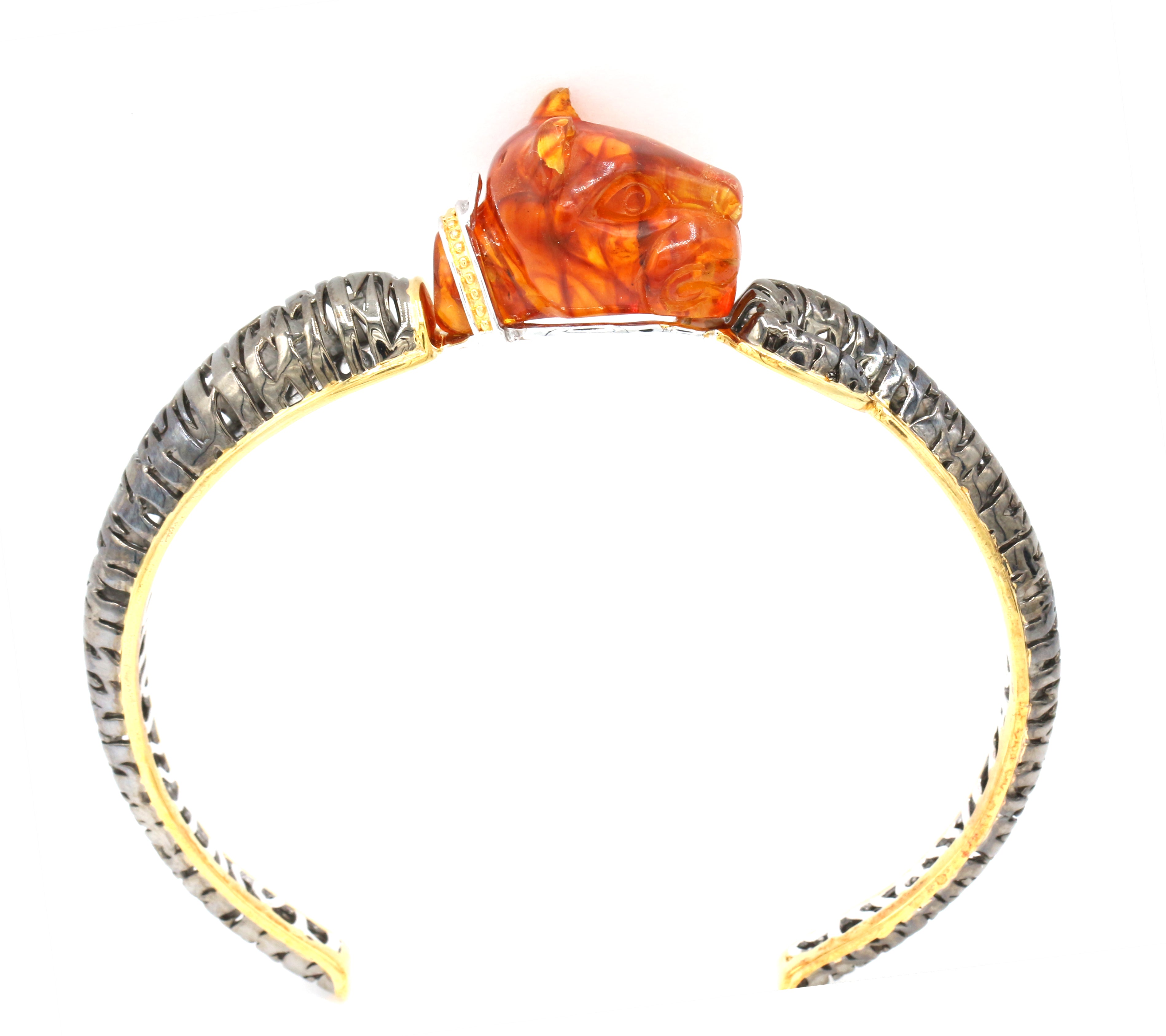 Gems en Vogue Carved Amber Panther Cuff Bangle Bracelet