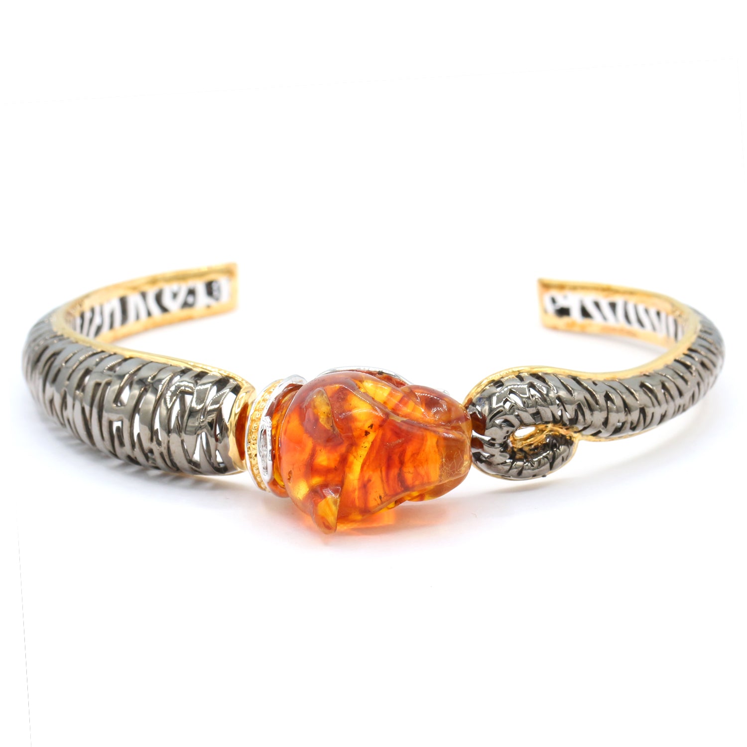 Gems en Vogue Carved Amber Panther Cuff Bangle Bracelet