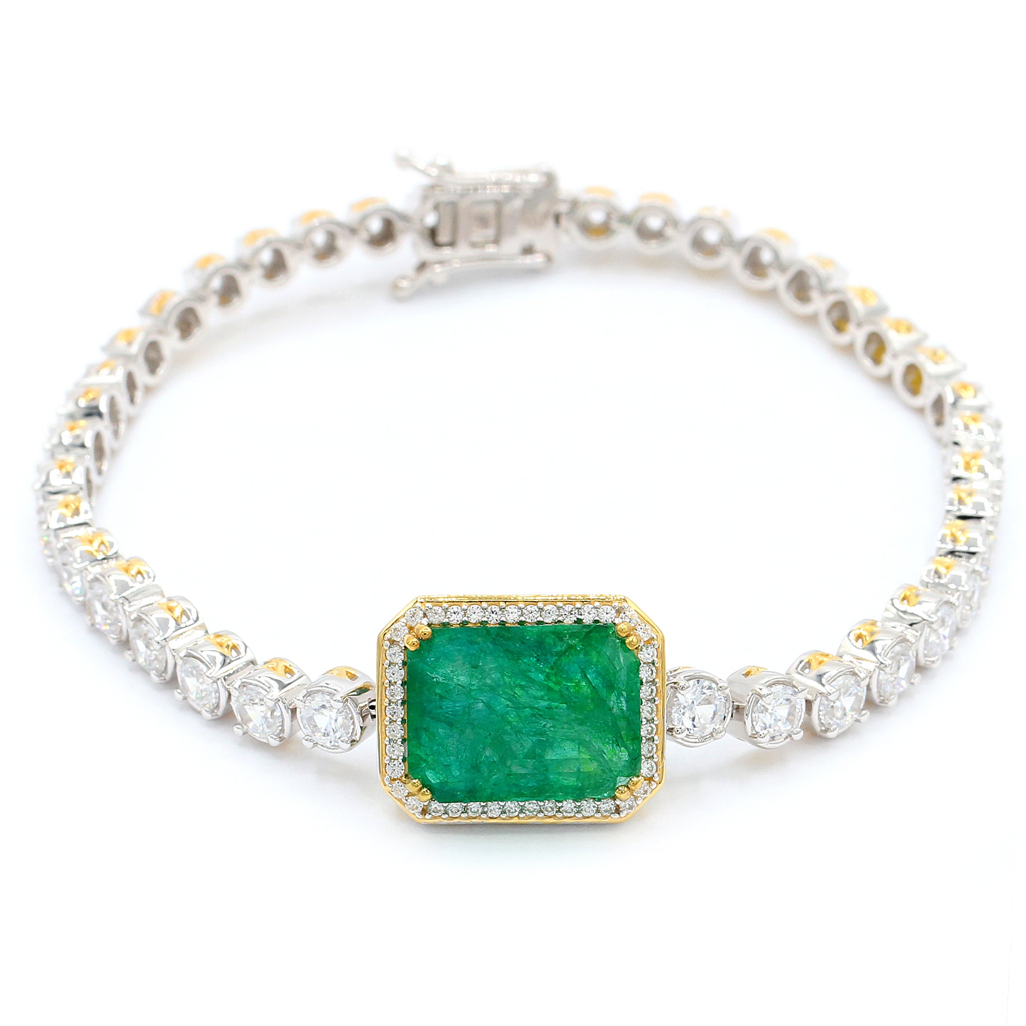 Gems en Vogue 24K Palladium Silver 19.04ctw Zambian Emerald & White Zircon Tennis Bracelet