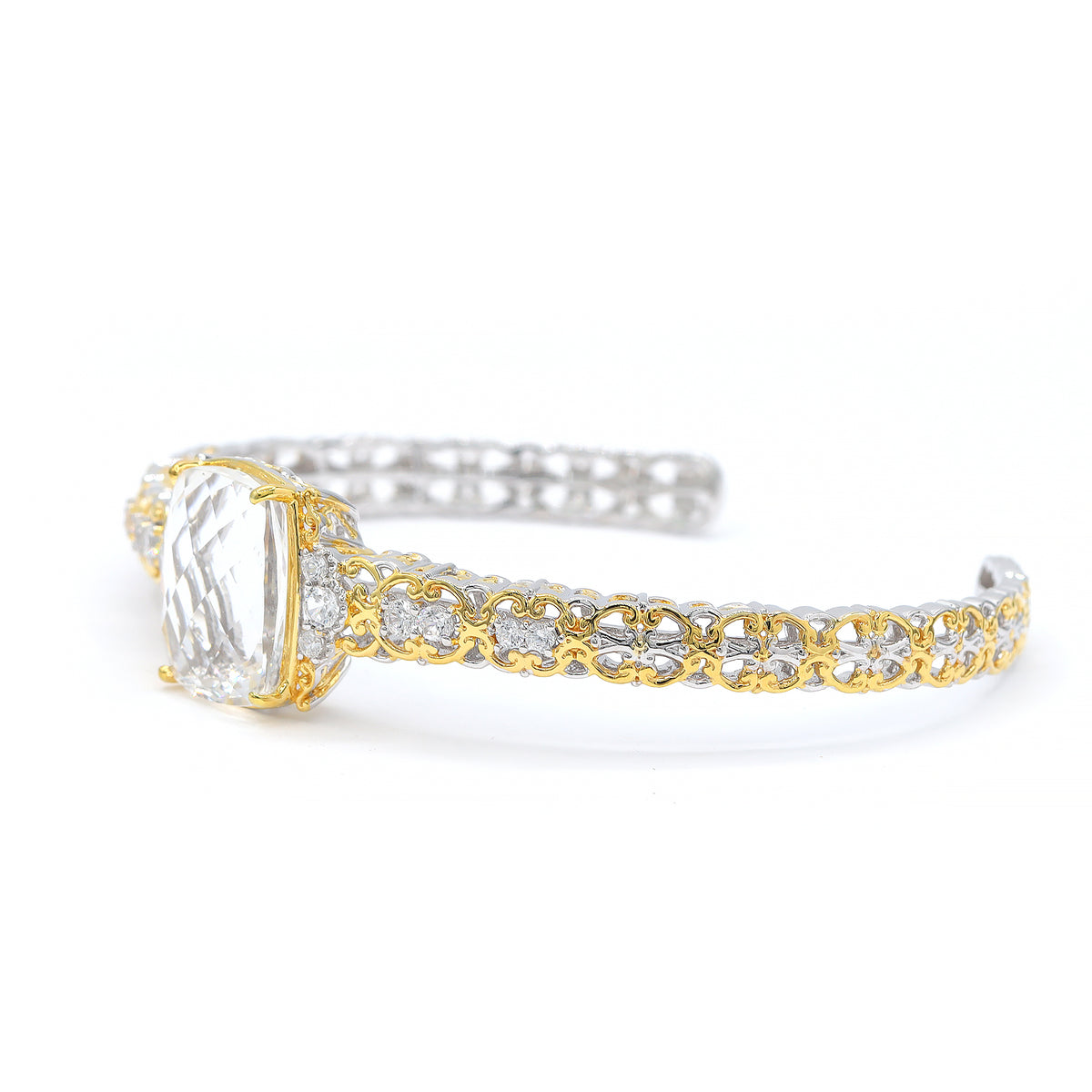 Gems en Vogue 24K Palladium Silver 12.30ctw Clear Quartz & White Zircon Cuff Bangle Bracelet